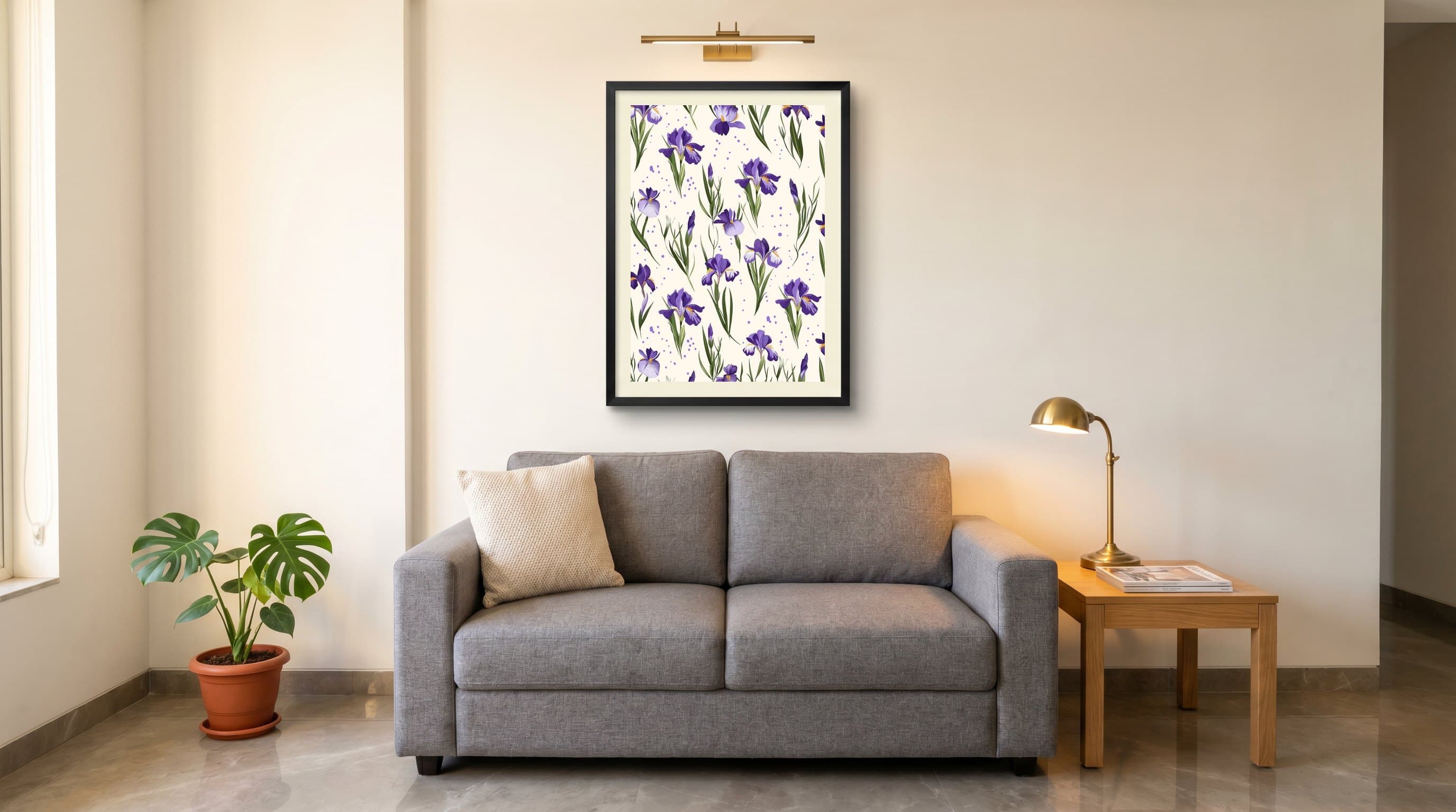 Purple Iris Flowers Scattered Cream Background — in situ