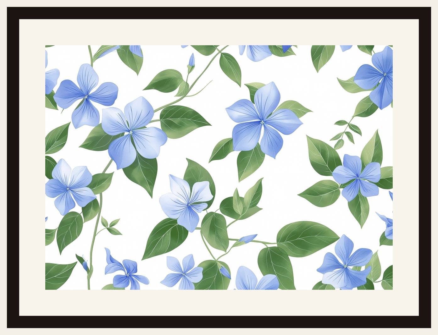 Blue Periwinkle Flowers Green Leaves Pattern