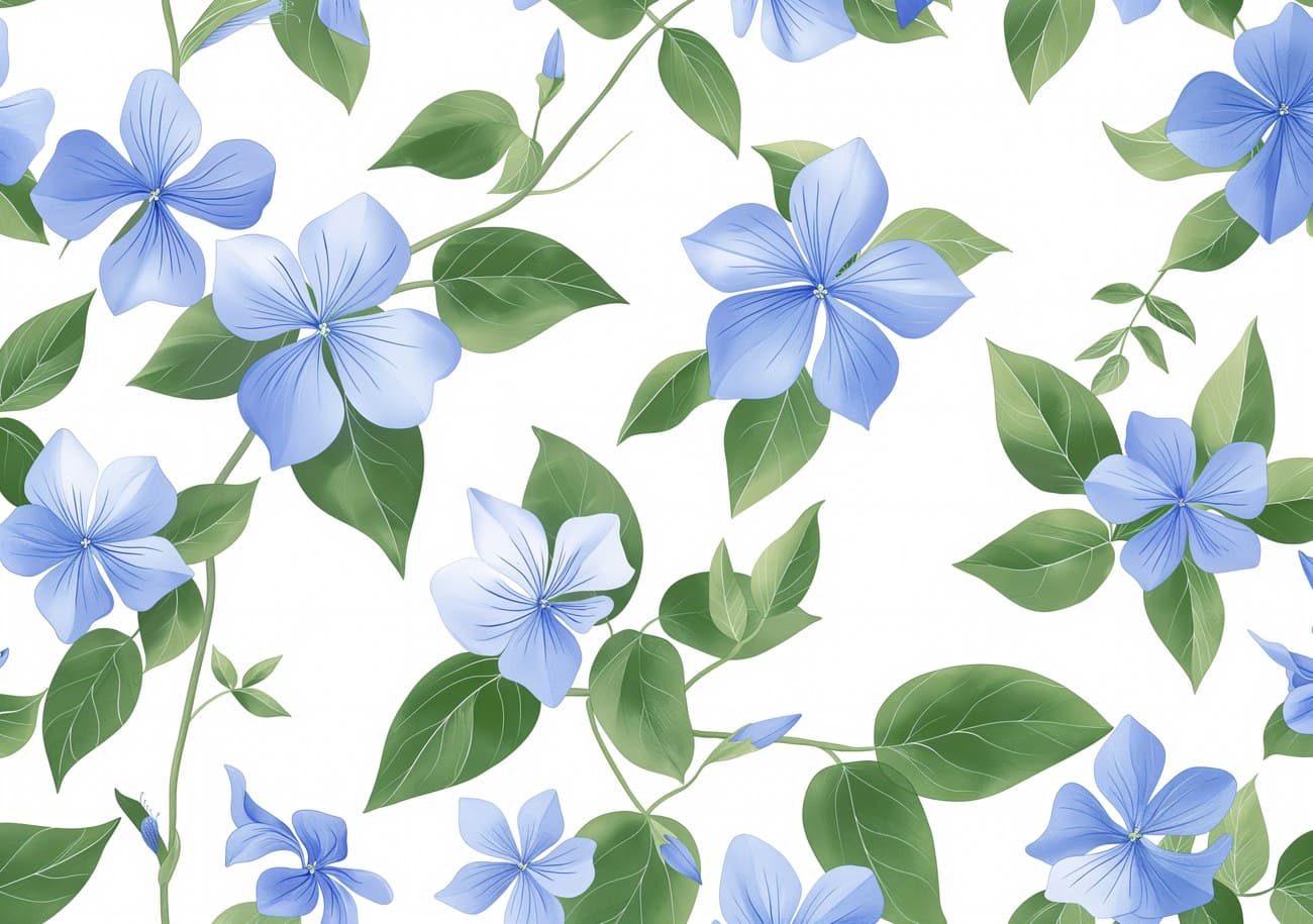 Blue Periwinkle Flowers Green Leaves Pattern
