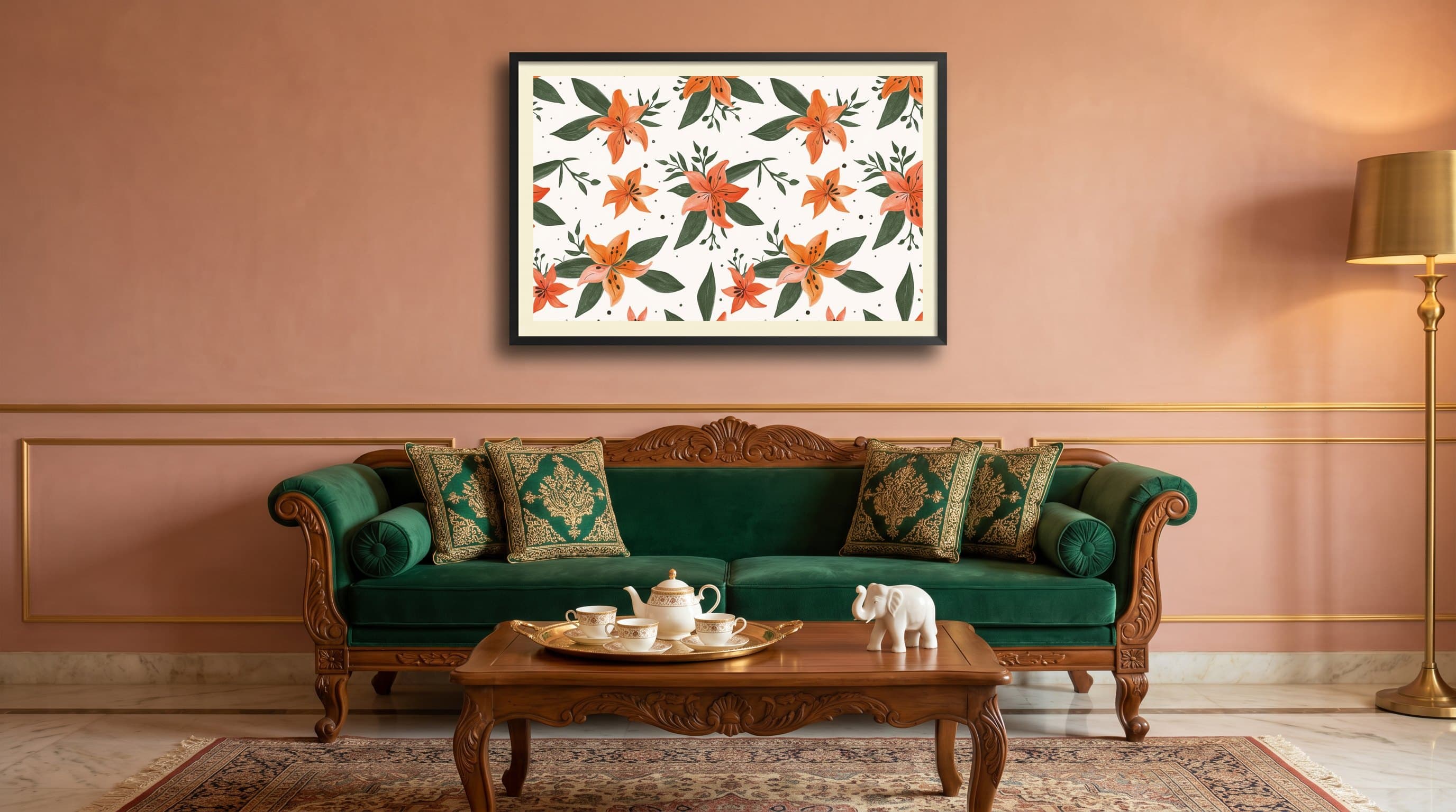 Orange Tiger Lily Floral Repeat Pattern — in situ