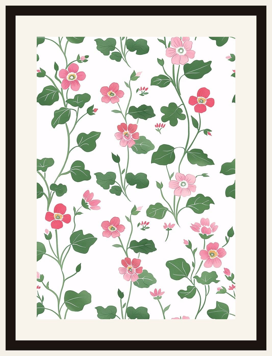 Pink Wildflowers Climbing Green Vines Pattern