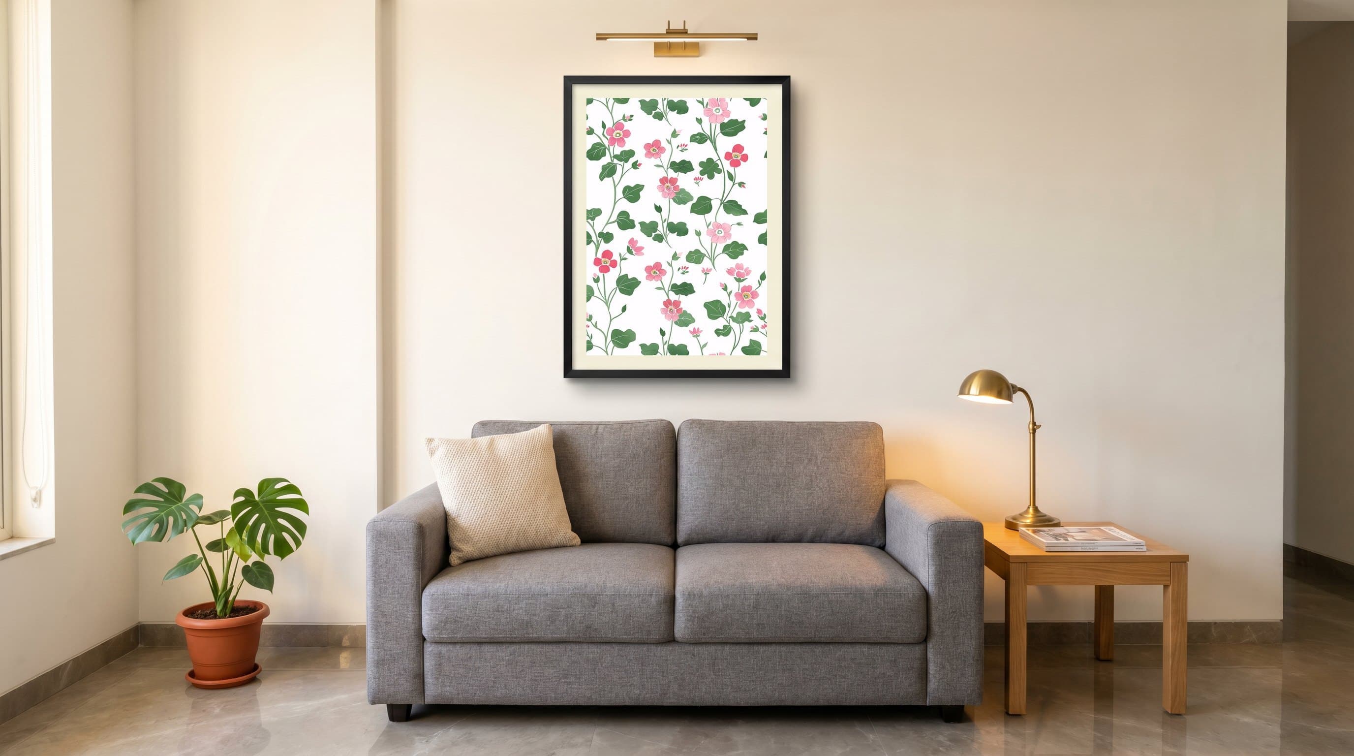 Pink Wildflowers Climbing Green Vines Pattern — in situ