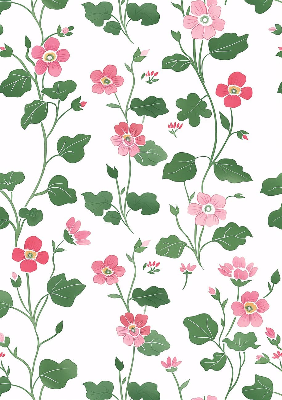 Pink Wildflowers Climbing Green Vines Pattern