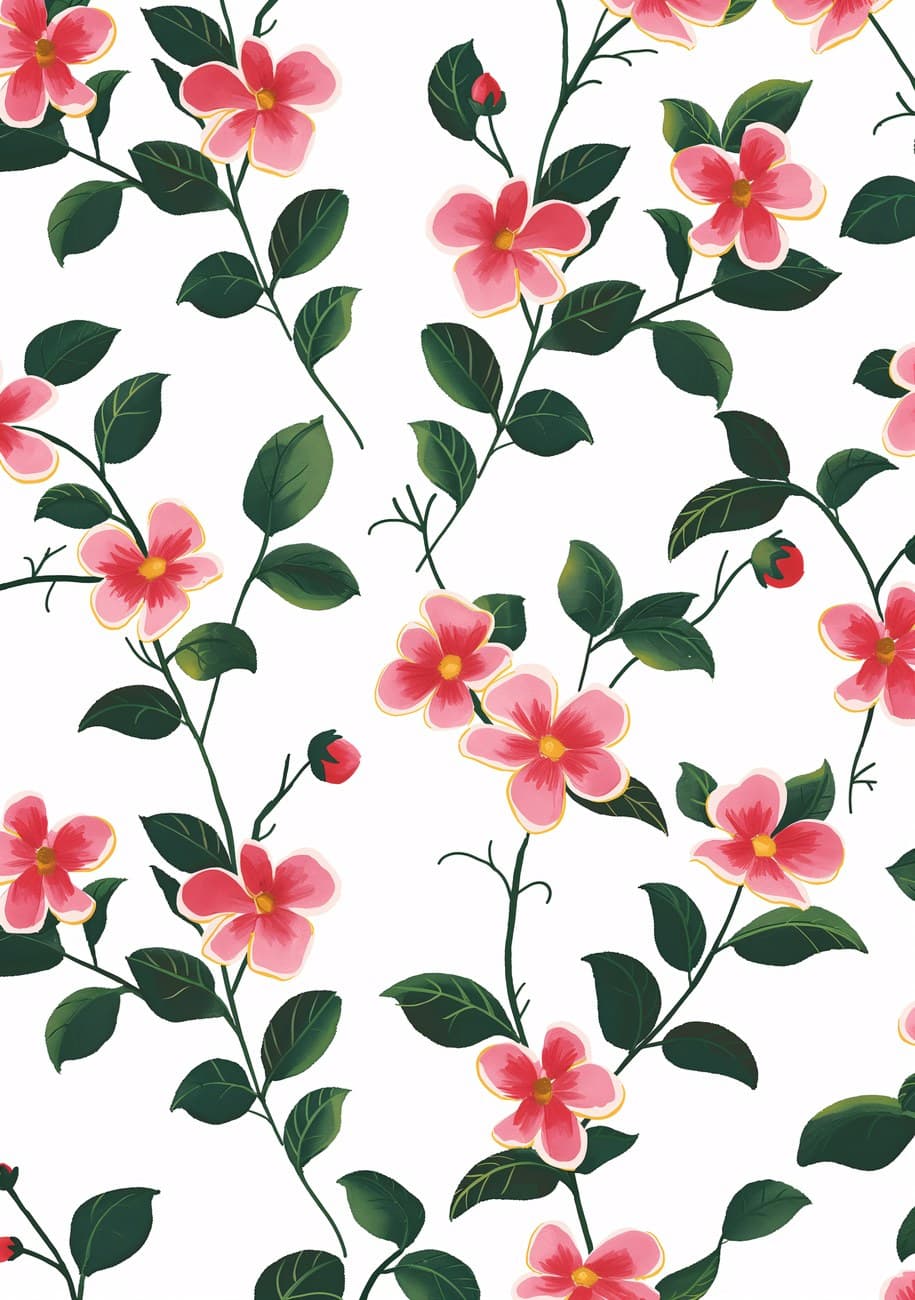Pink Camellia Vines Repeating Pattern