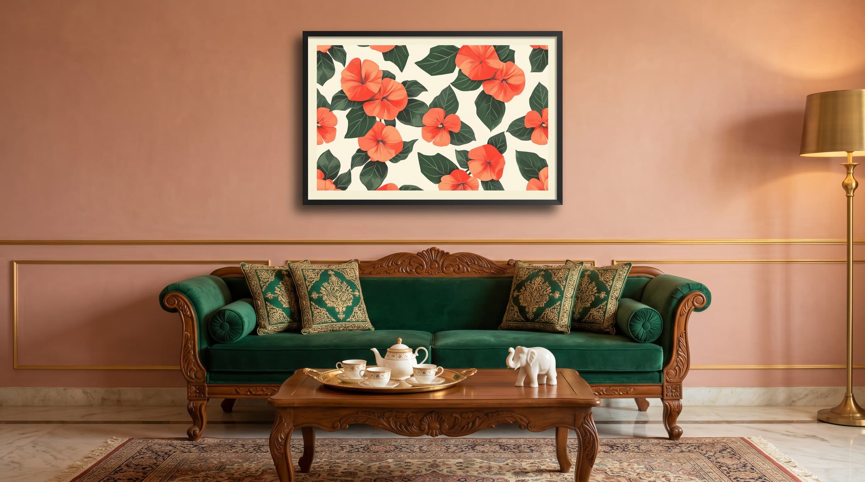 Orange Hibiscus Floral Cream Pattern — in situ