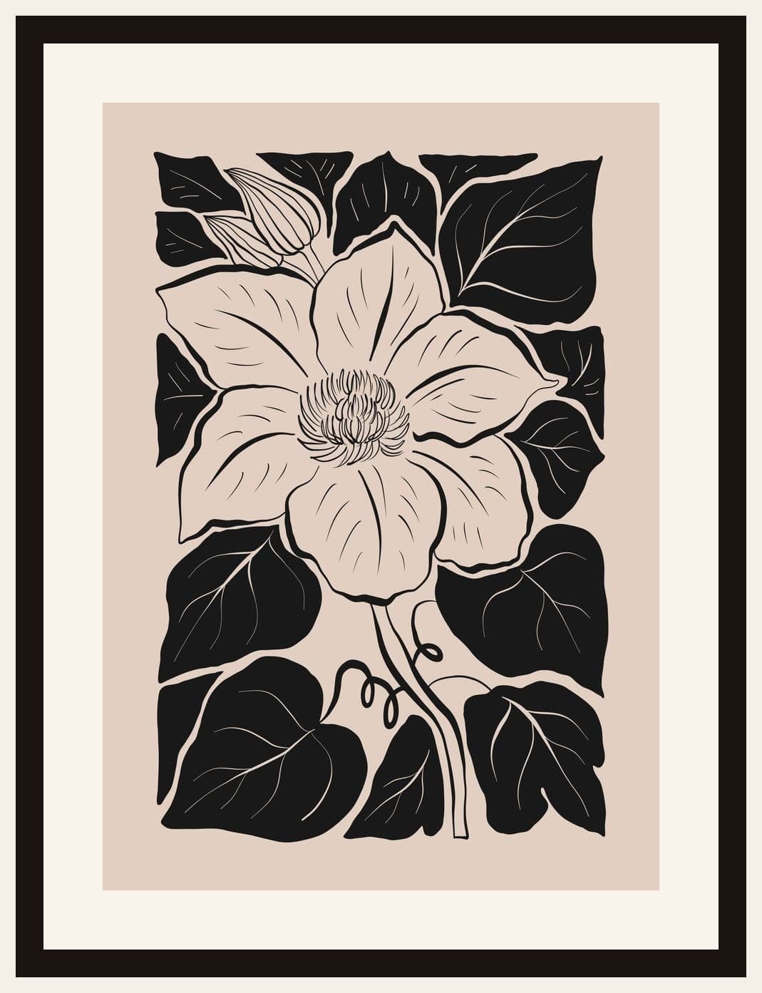 Black Beige Clematis Flower Linework