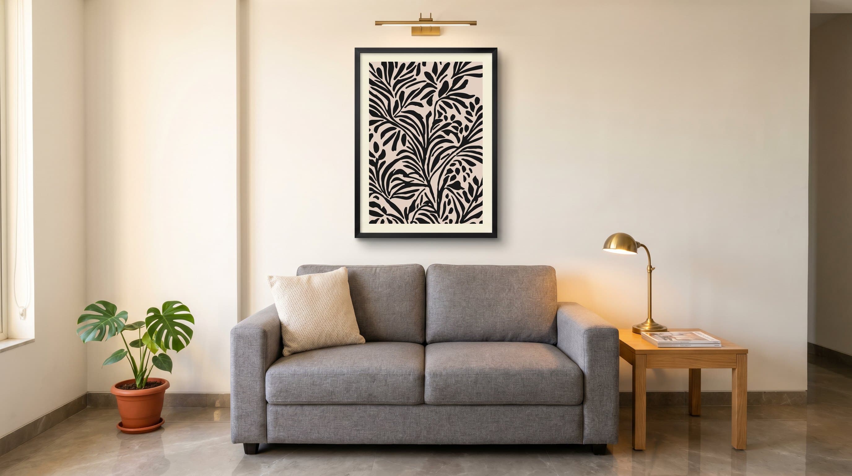 Tropical Palm Leaf Black Beige Pattern — in situ