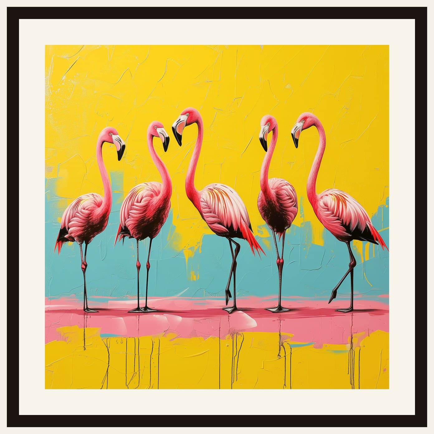 Five Pink Flamingos Pop Art Yellow