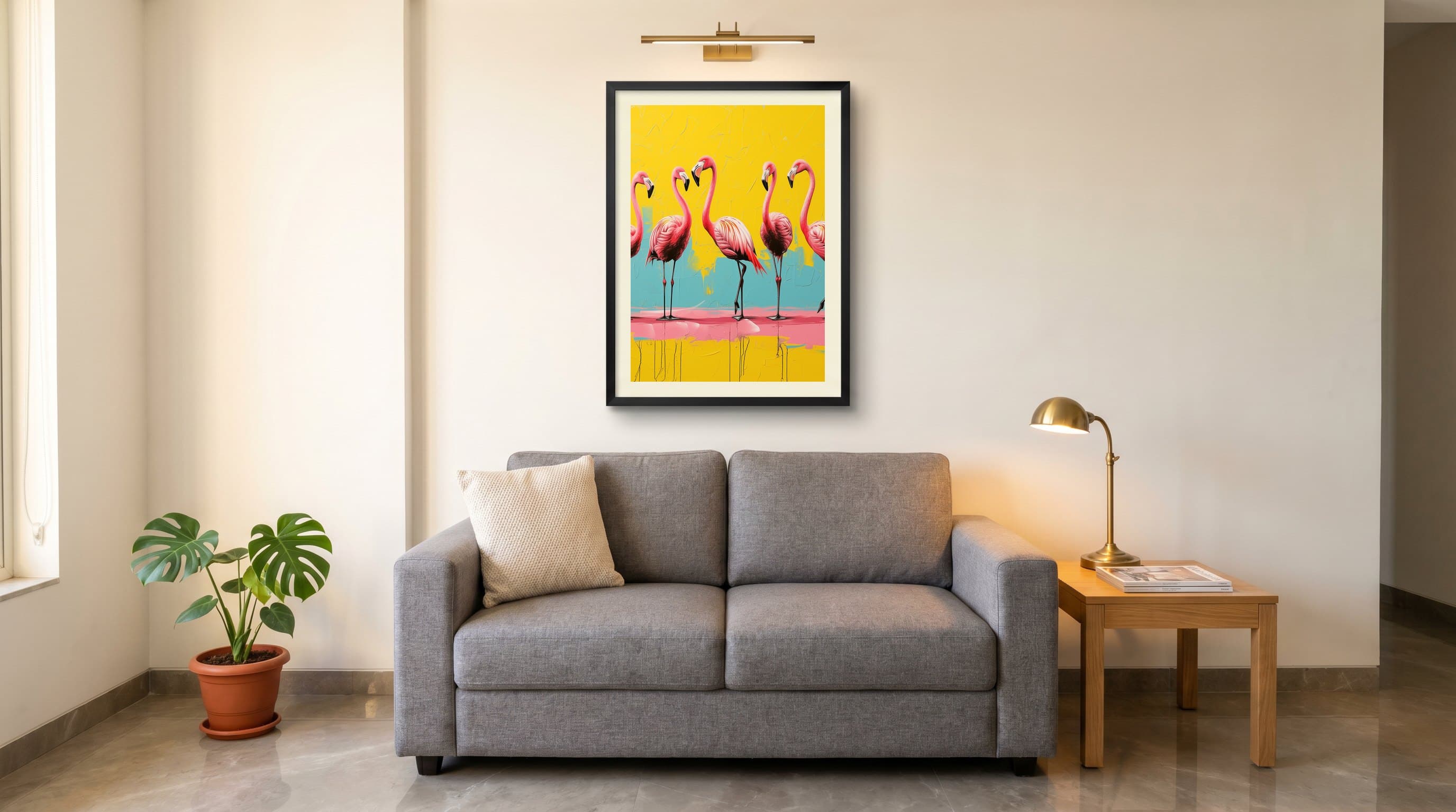 Five Pink Flamingos Pop Art Yellow — in situ