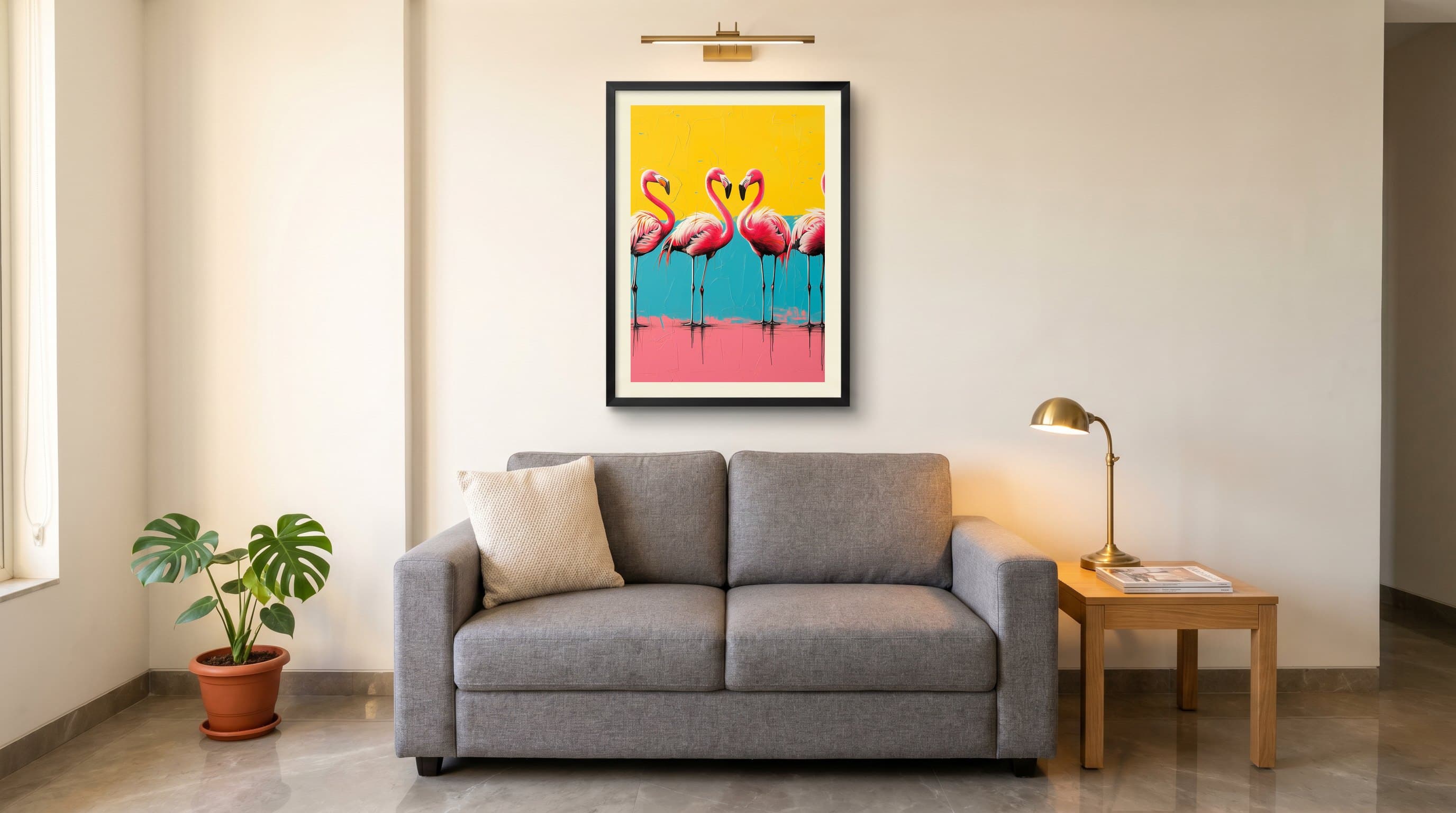 Four Pink Flamingos Pop Art Tricolour — in situ