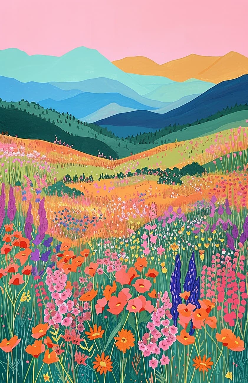Pastel Wildflower Meadow Mountain Landscape