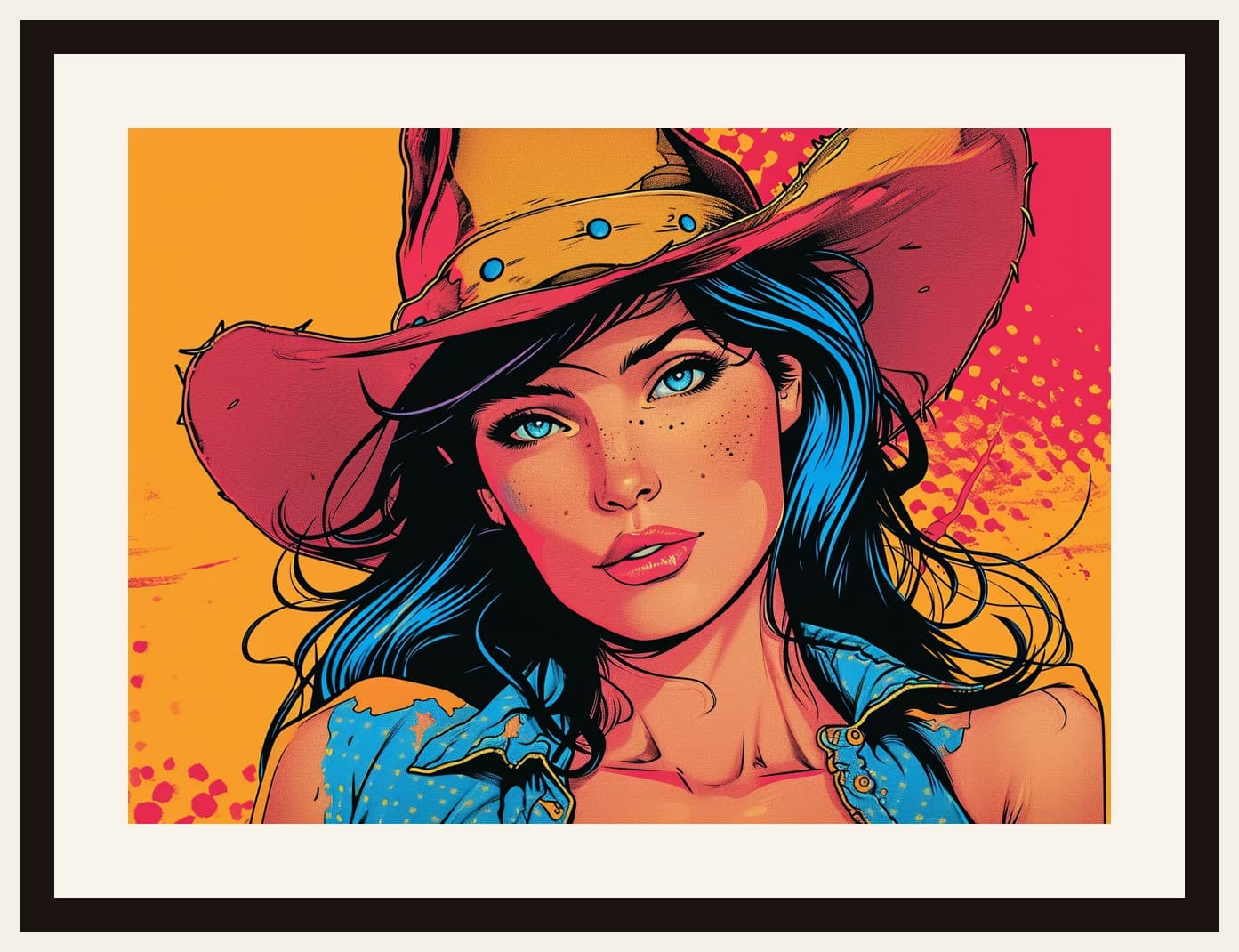 Pop Art Cowgirl Blue Hair Comic Panel