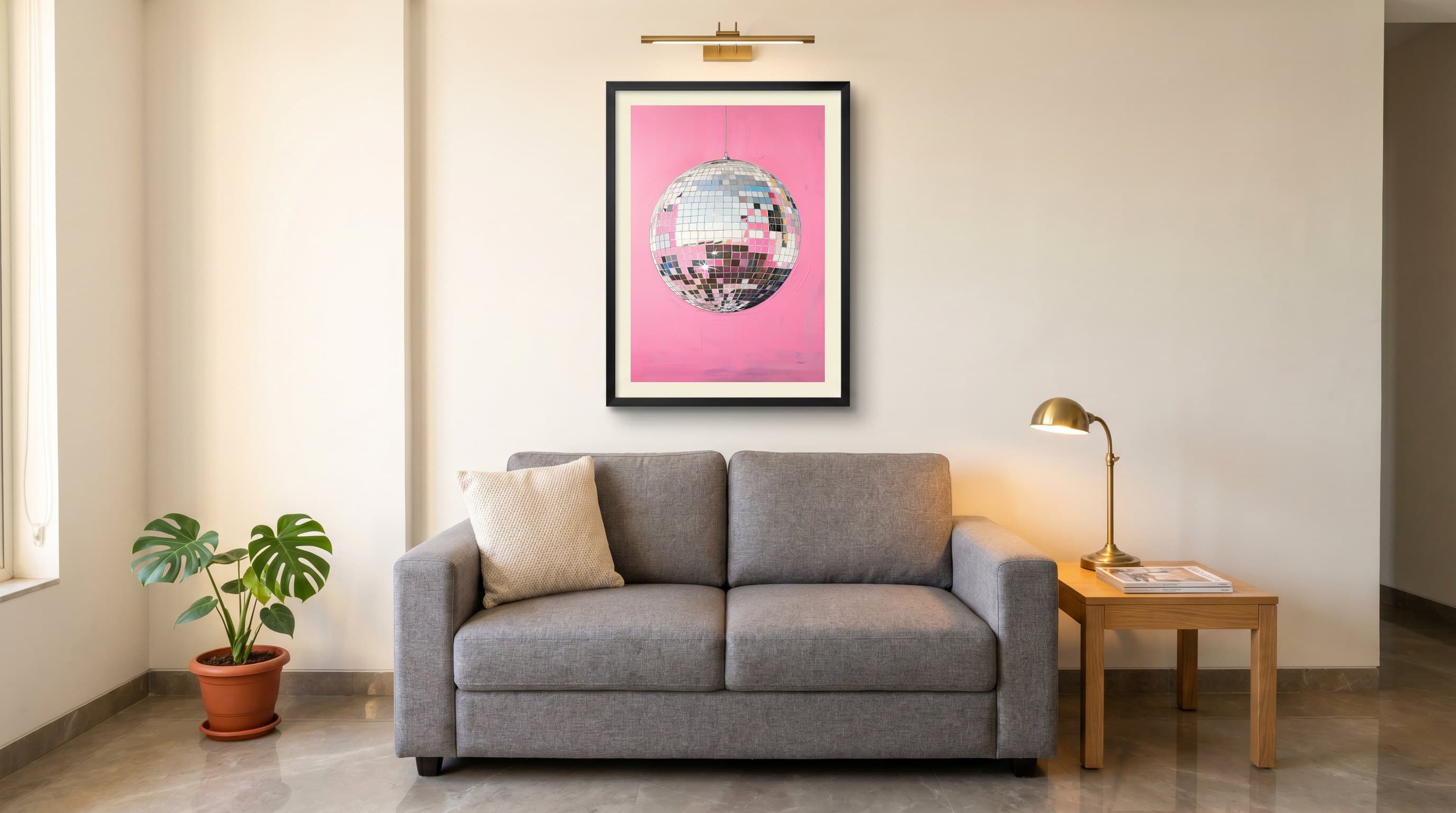 Mirrored Disco Ball On Pink Background — in situ