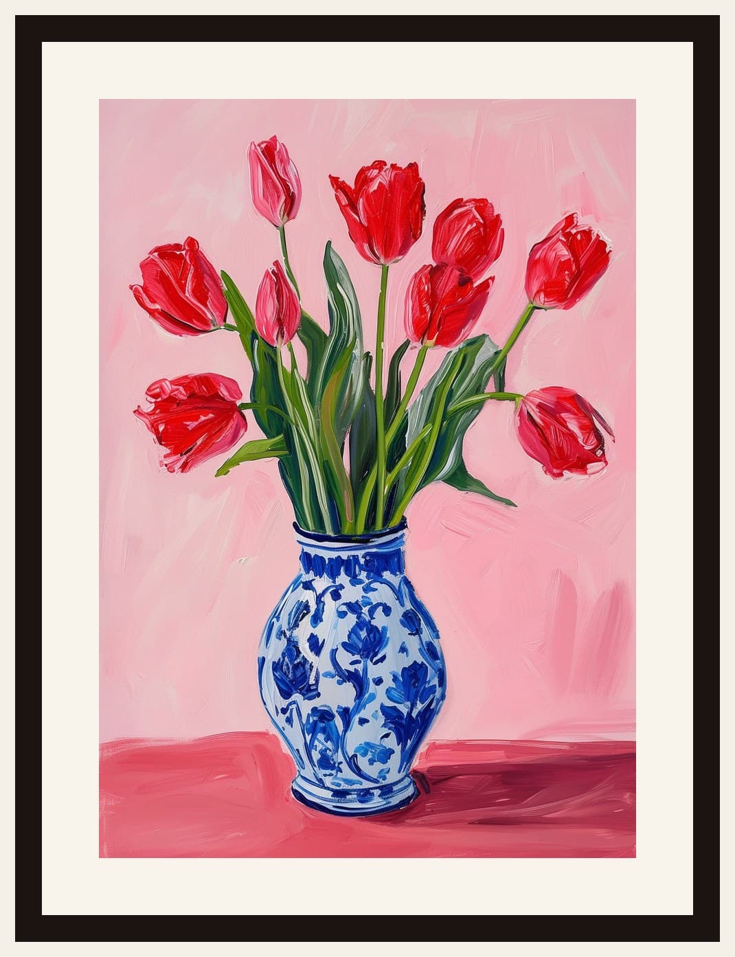 Red Tulips In Blue Chinoiserie Vase