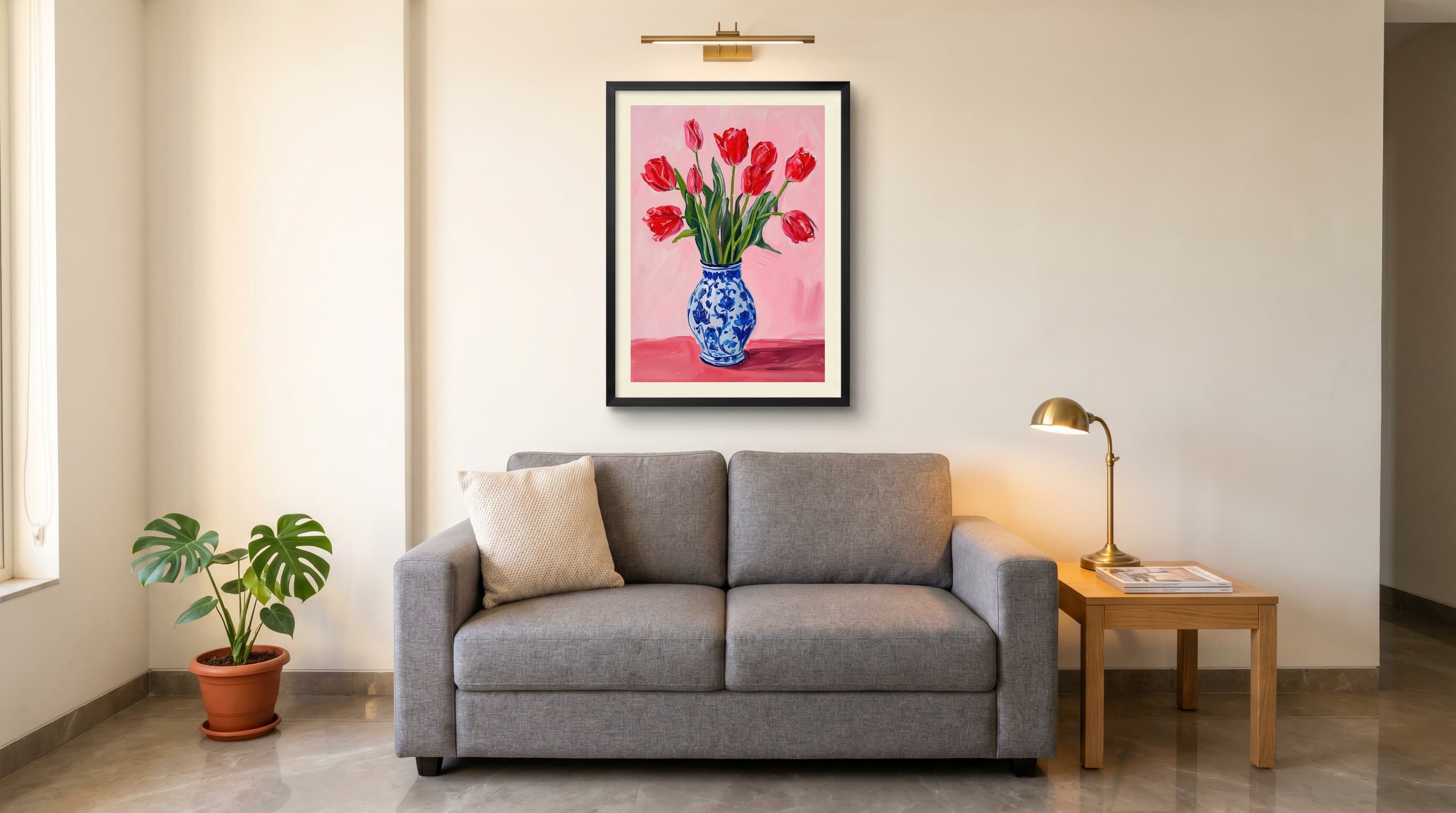 Red Tulips In Blue Chinoiserie Vase — in situ