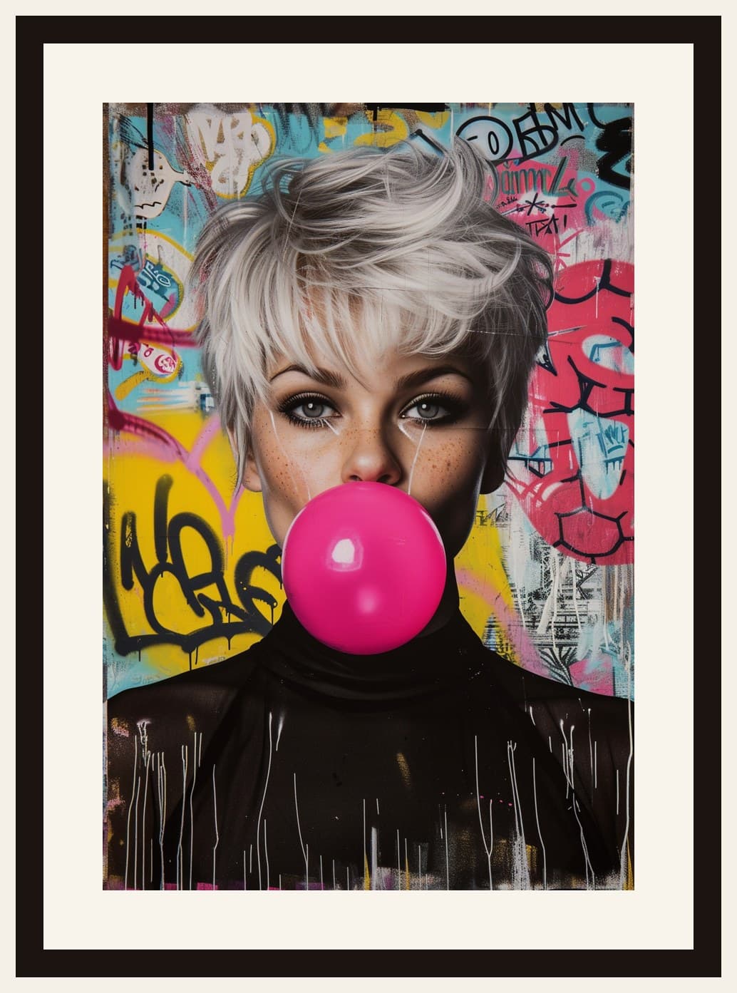 Woman Blowing Pink Bubble Gum Graffiti