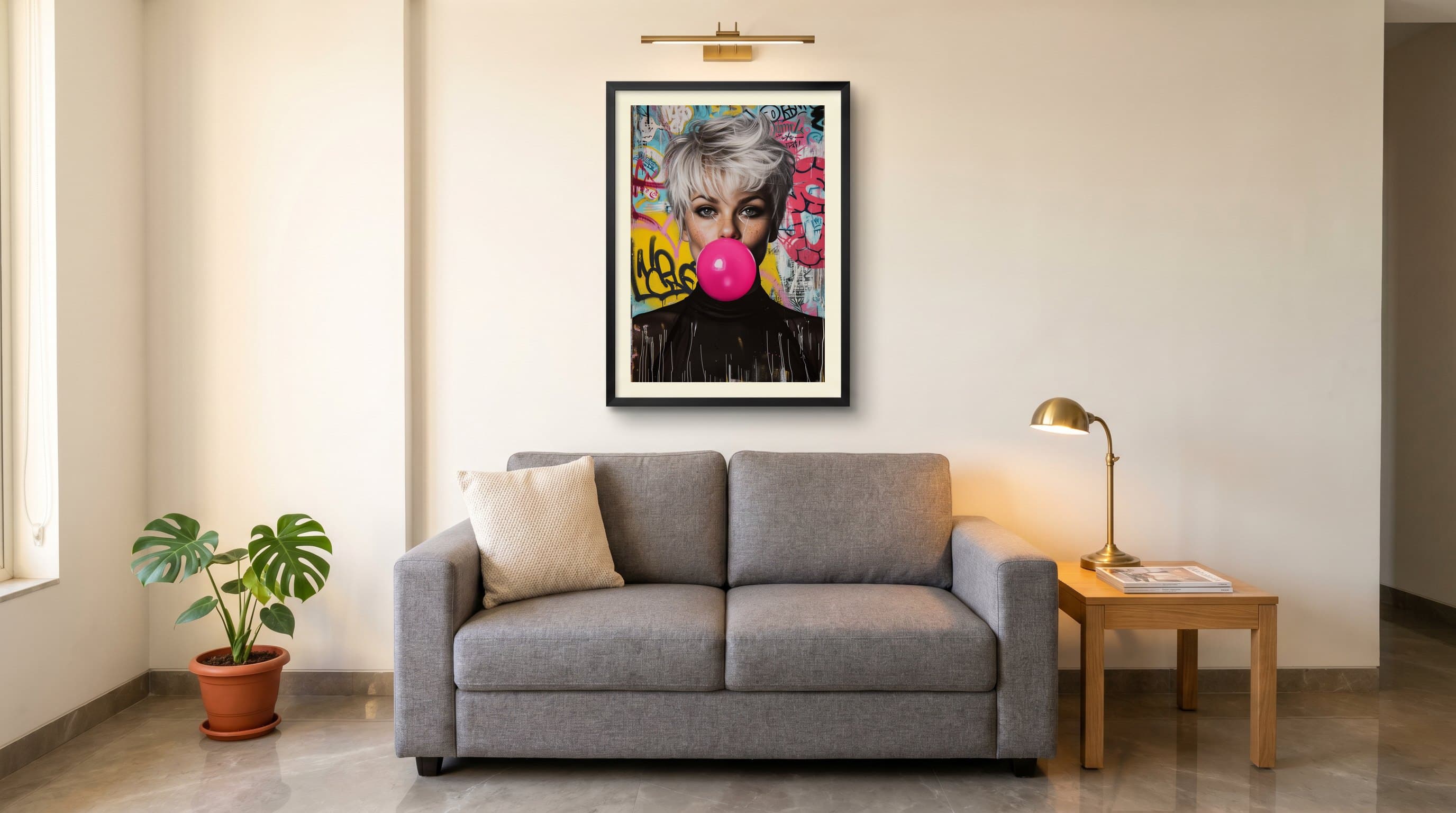 Woman Blowing Pink Bubble Gum Graffiti — in situ