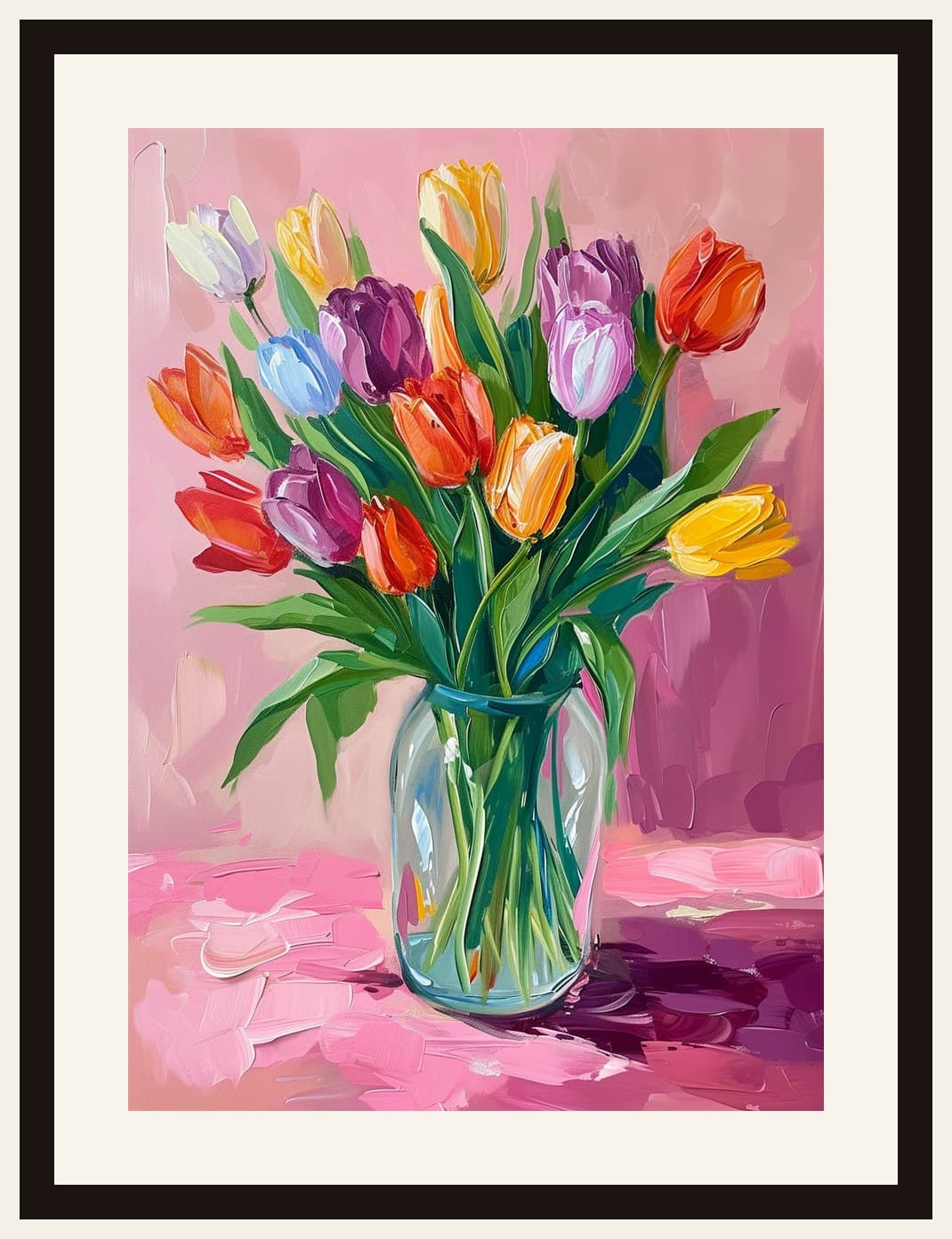 Colourful Tulips Bouquet Glass Vase Painting