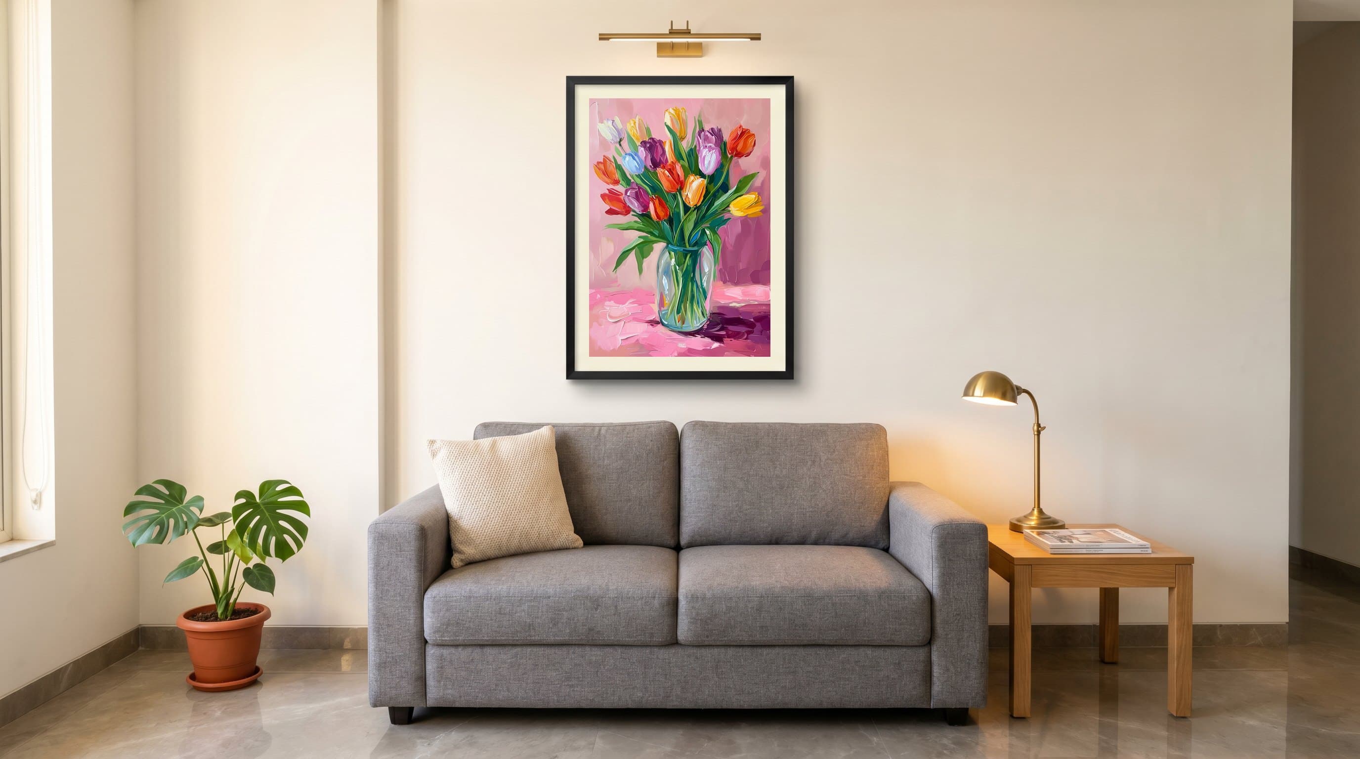 Colourful Tulips Bouquet Glass Vase Painting — in situ