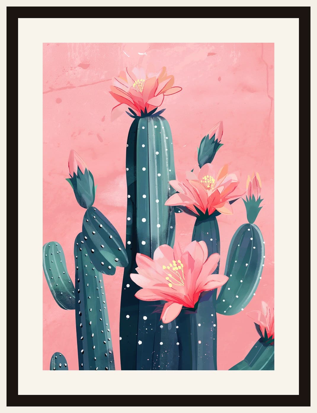 Teal Cactus Pink Blooms Pink Background