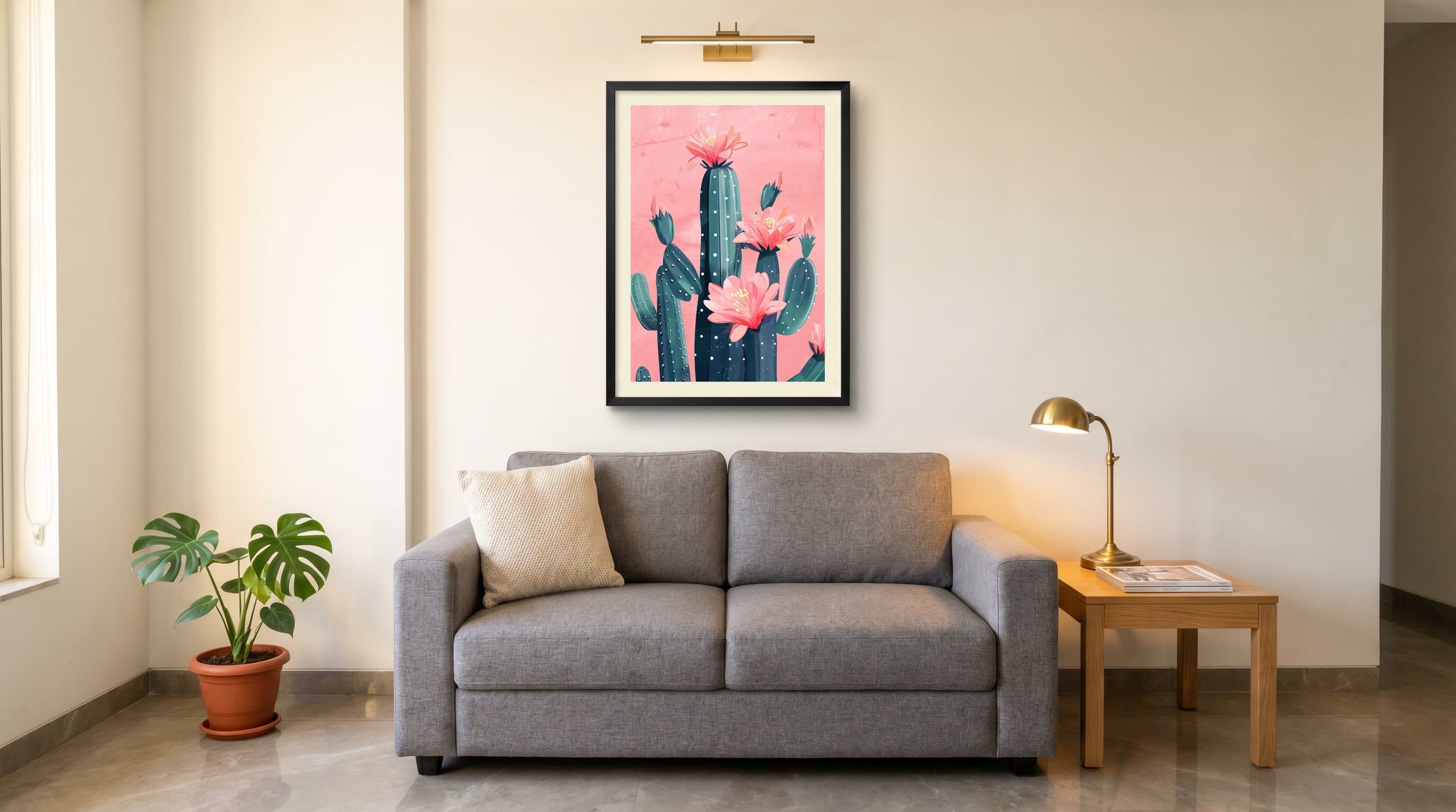 Teal Cactus Pink Blooms Pink Background — in situ