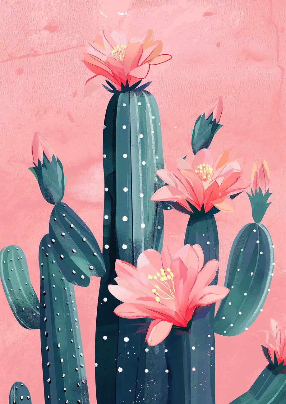 Teal Cactus Pink Blooms Pink Background