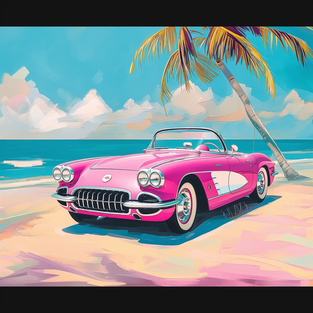 Pink Vintage Corvette Tropical Beach