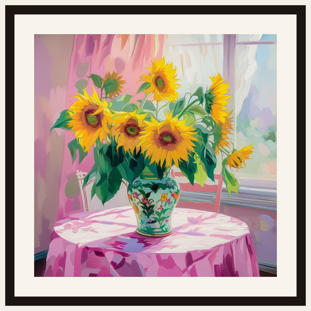 Sunflowers In Patterned Vase Pink Room