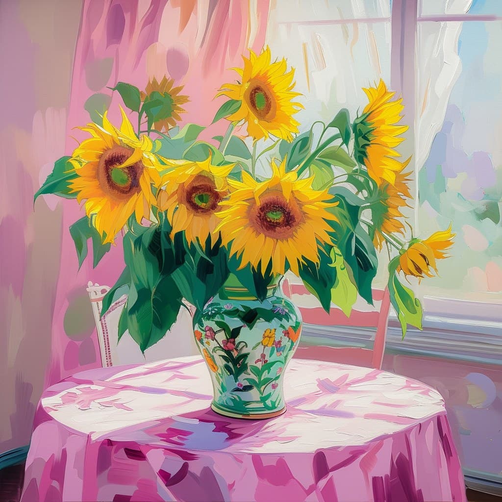 Sunflowers In Patterned Vase Pink Room