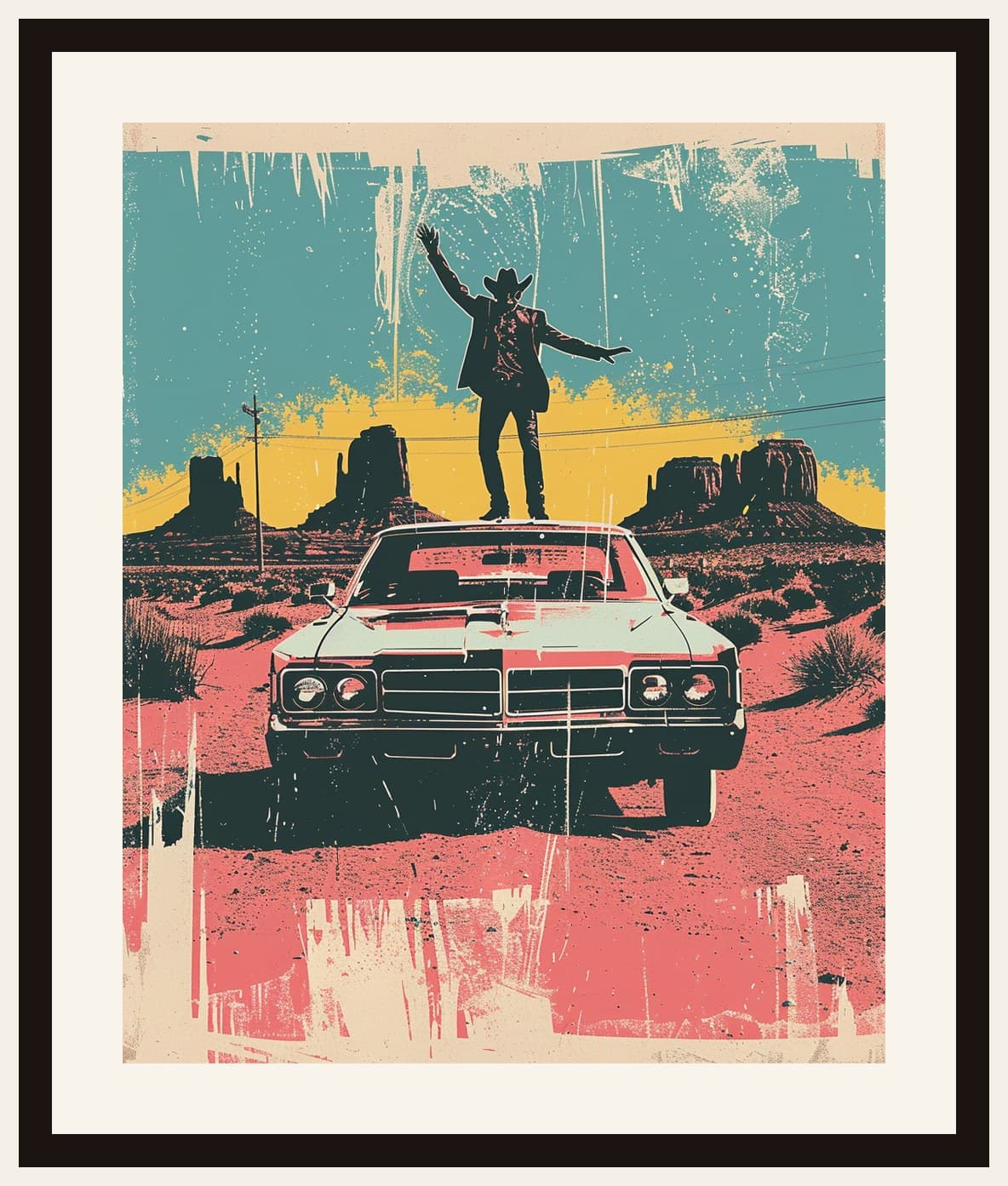 Cowboy Standing On Car Desert