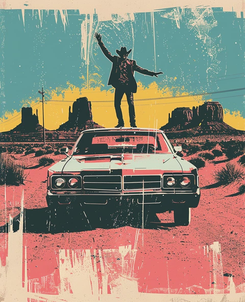 Cowboy Standing On Car Desert