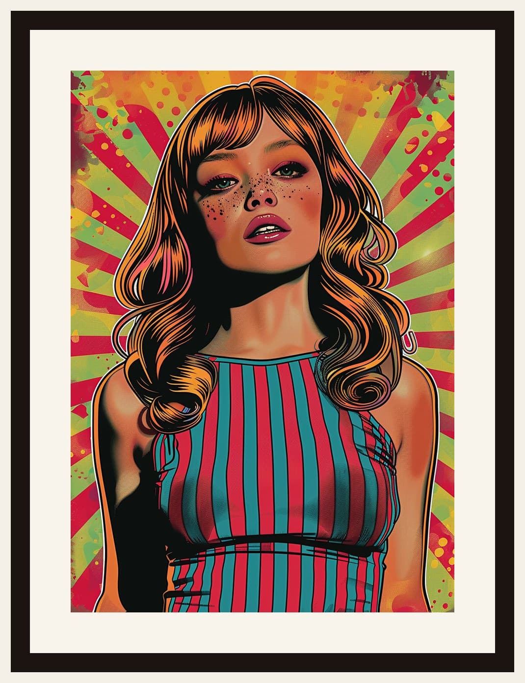 Retro Pop Art Woman Striped Dress Sunburst