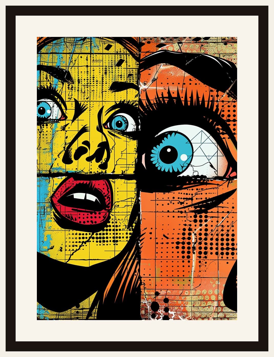 Pop Art Split Female Face Graphic Close-Up