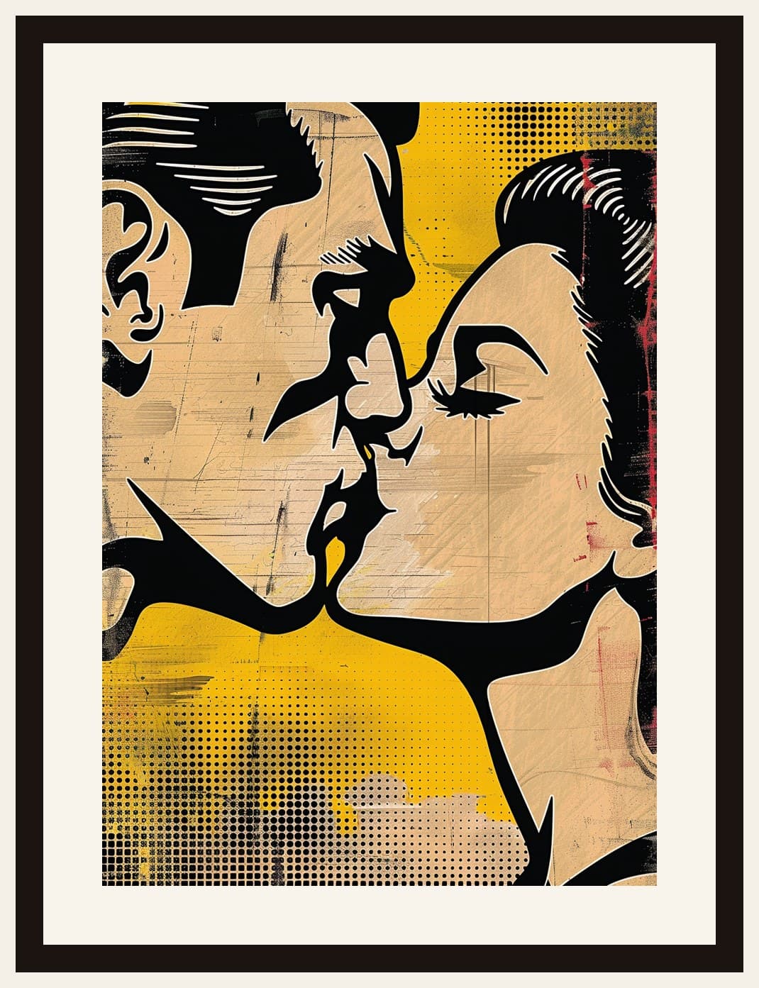 Pop Art Couple Kissing Yellow Black Graphic