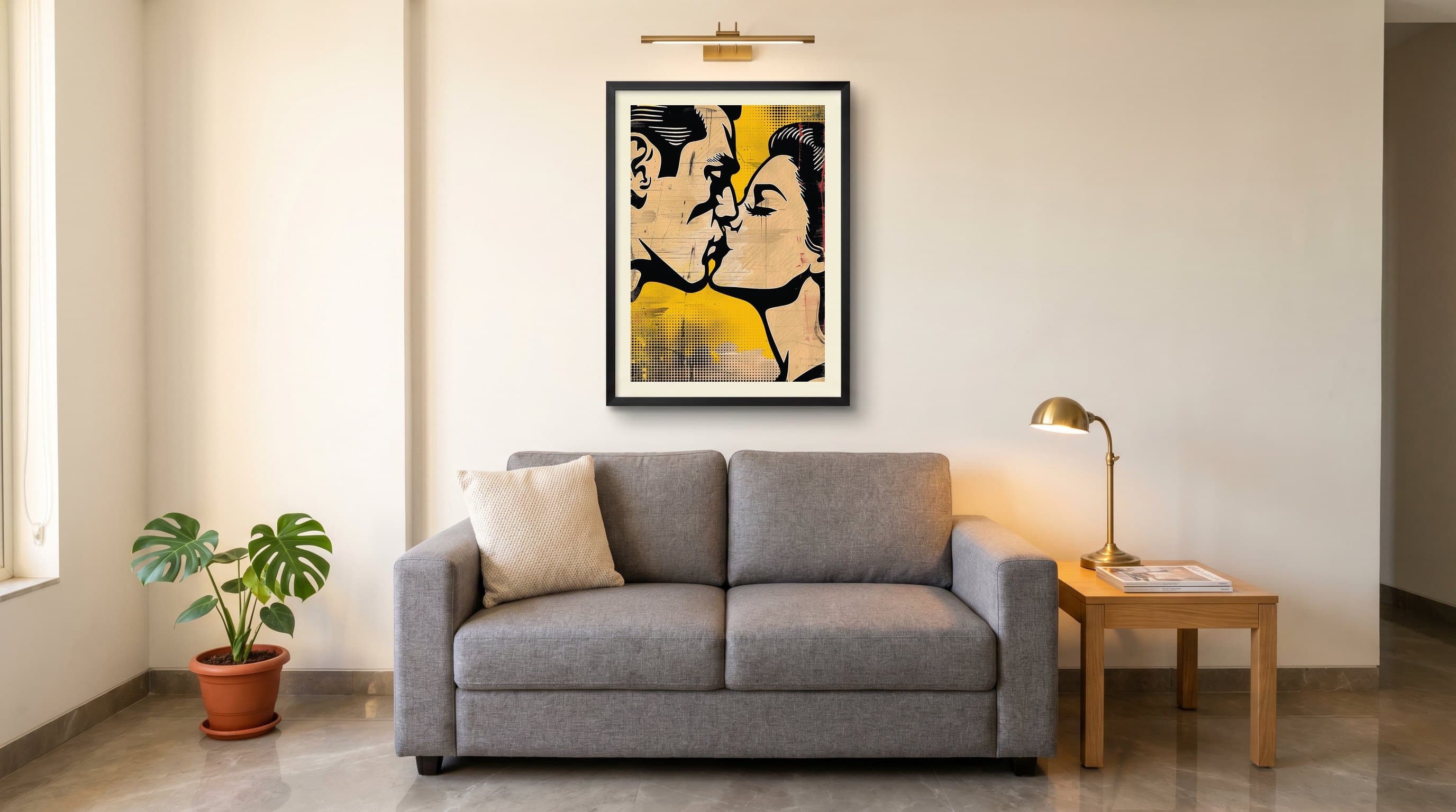 Pop Art Couple Kissing Yellow Black Graphic — in situ