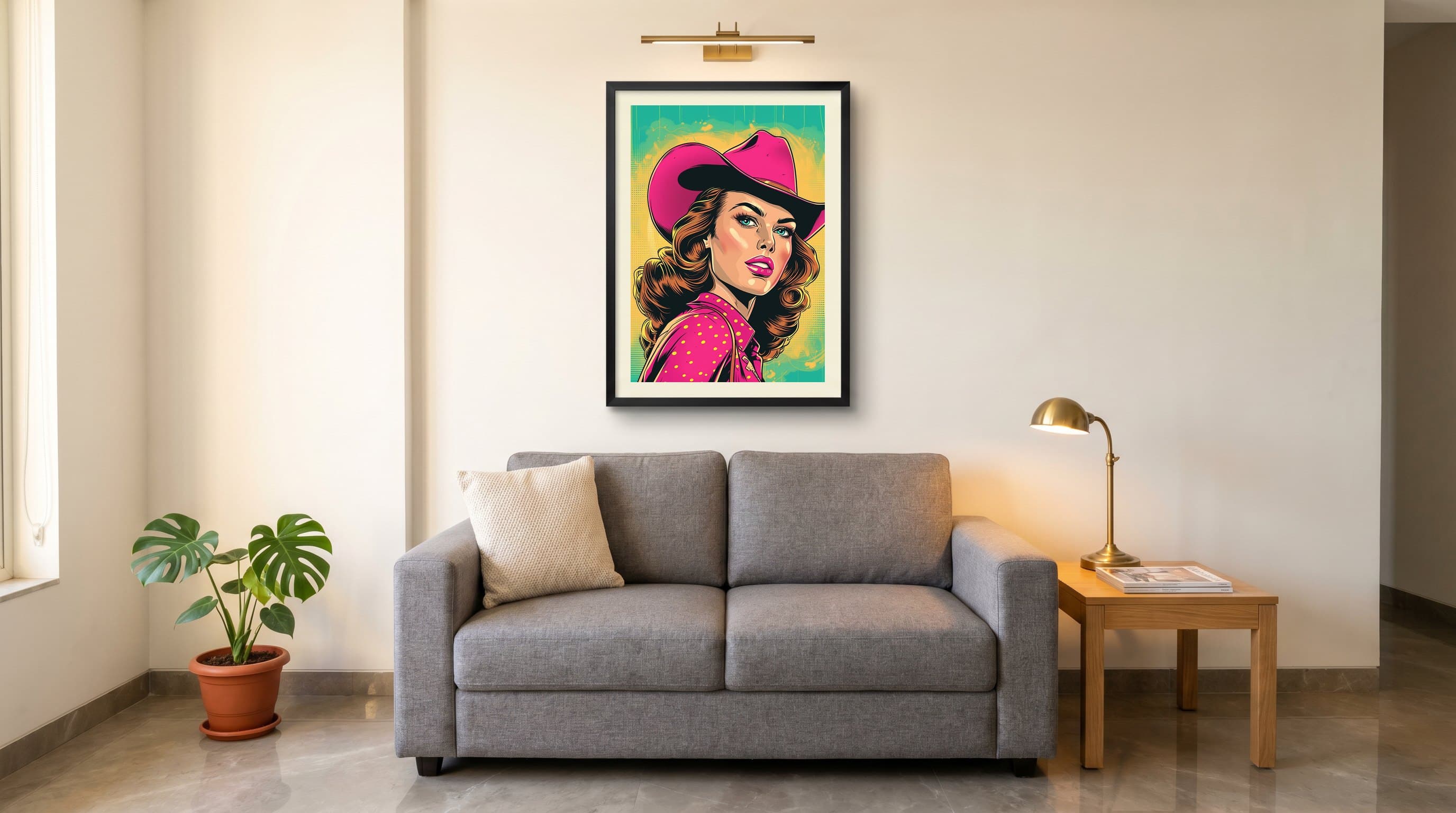 Pop Art Cowgirl Pink Hat Portrait — in situ