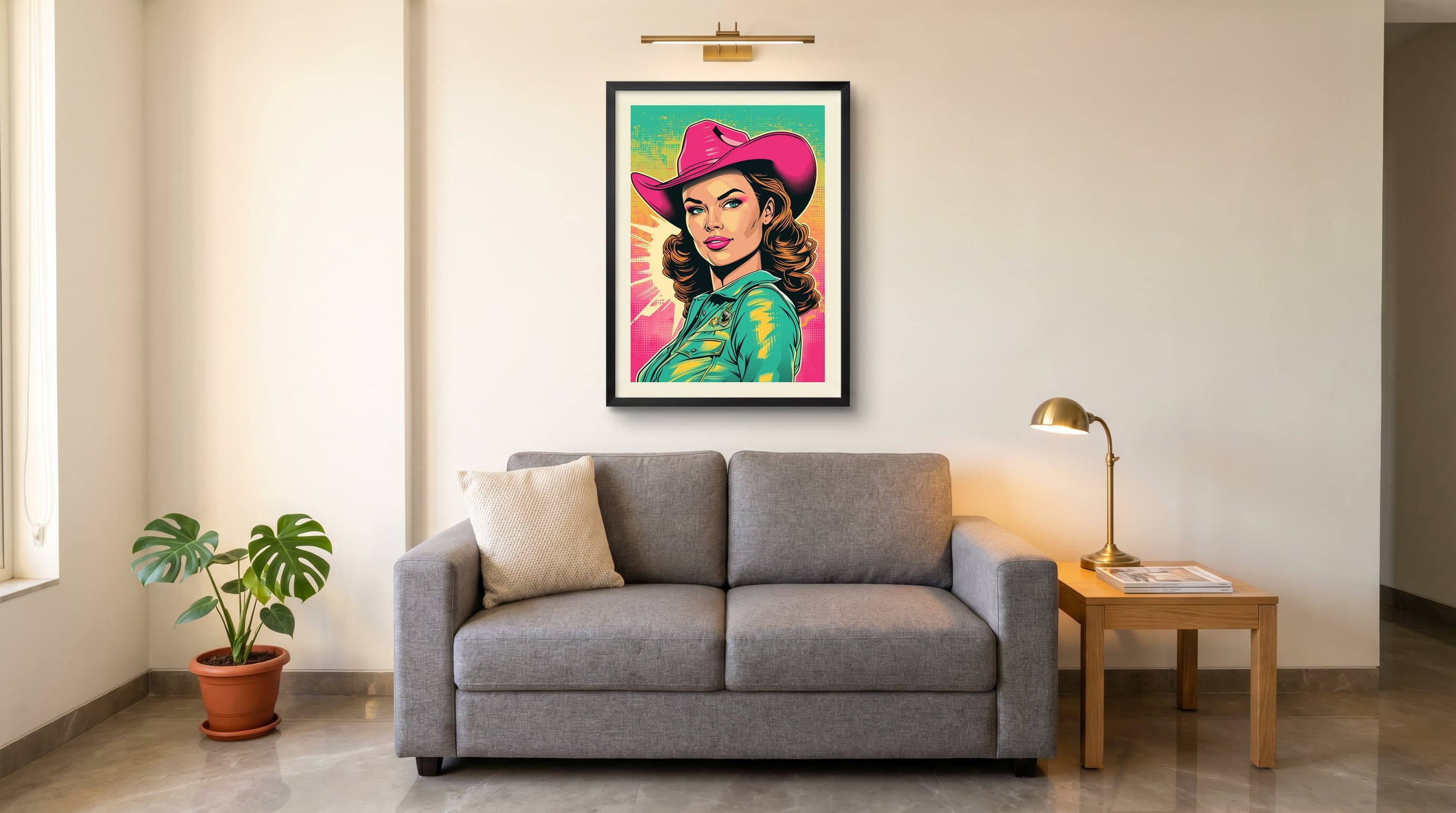 Pop Art Cowgirl Pink Hat Teal — in situ
