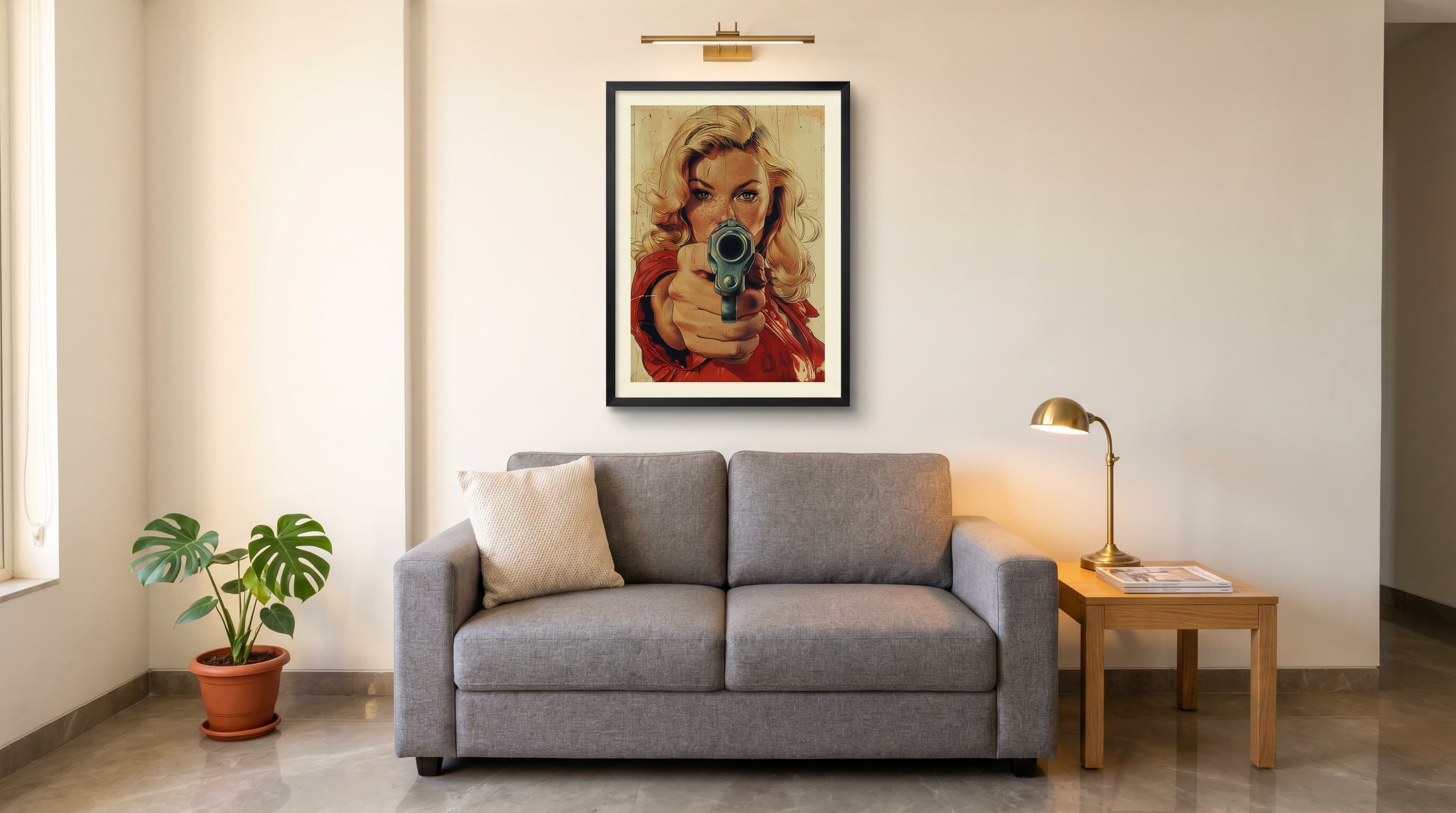 Retro Blonde Woman Aiming Gun Vintage Poster — in situ
