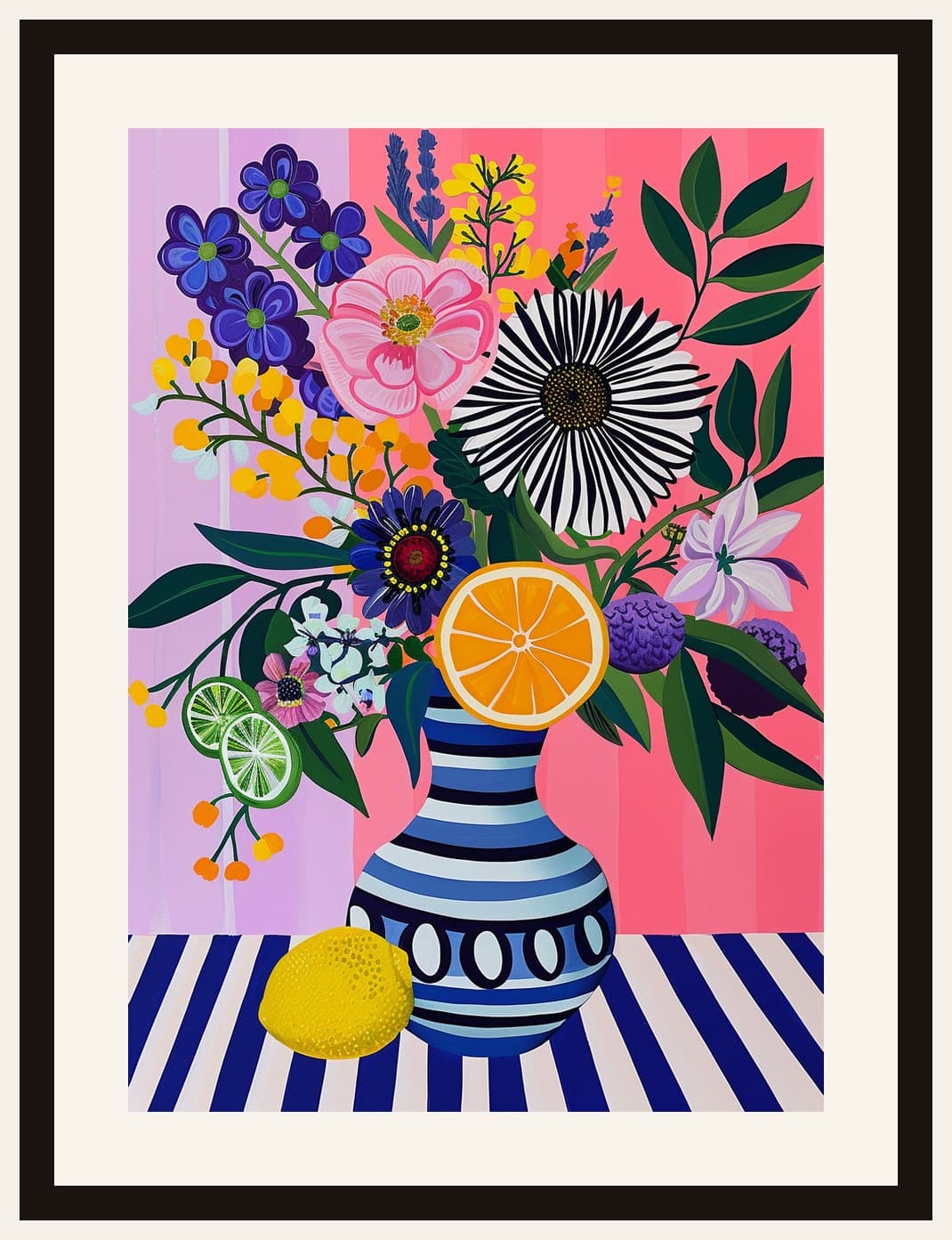 Bold Floral Bouquet Striped Vase Citrus