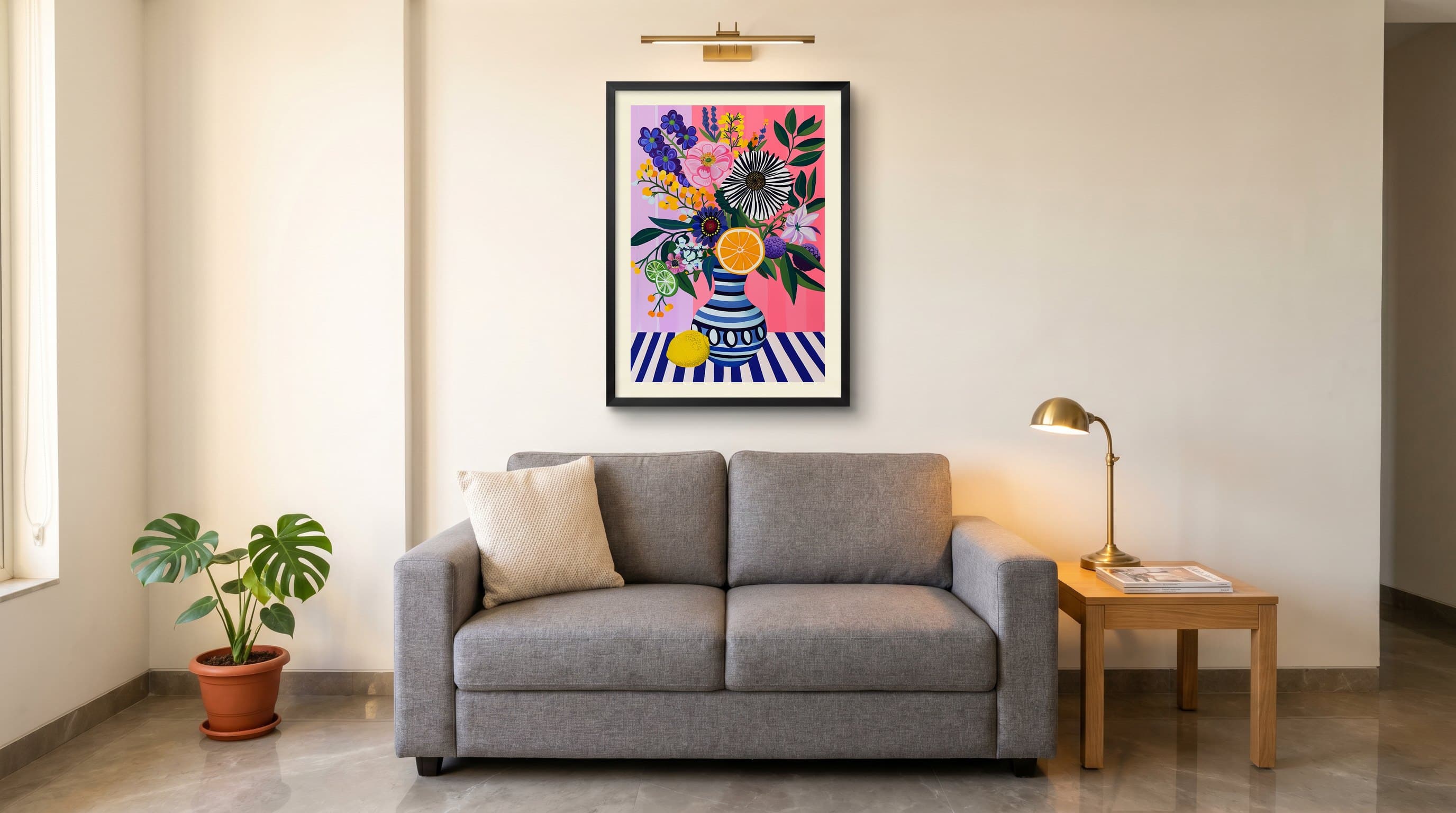 Bold Floral Bouquet Striped Vase Citrus — in situ