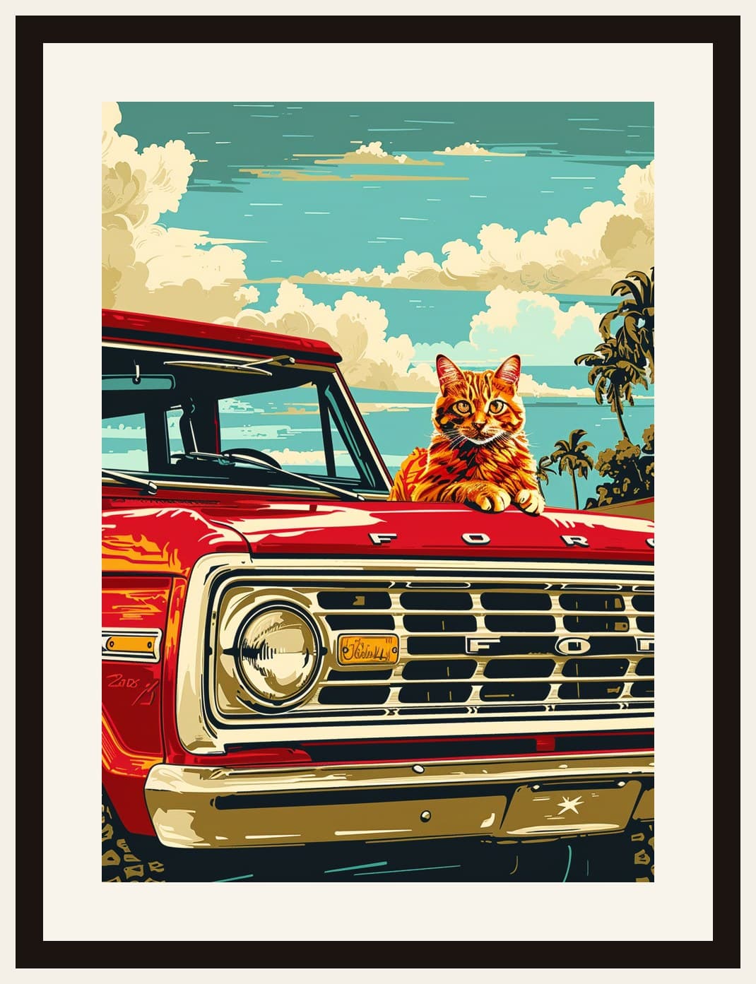 Ginger Cat Atop Vintage Red Ford Truck