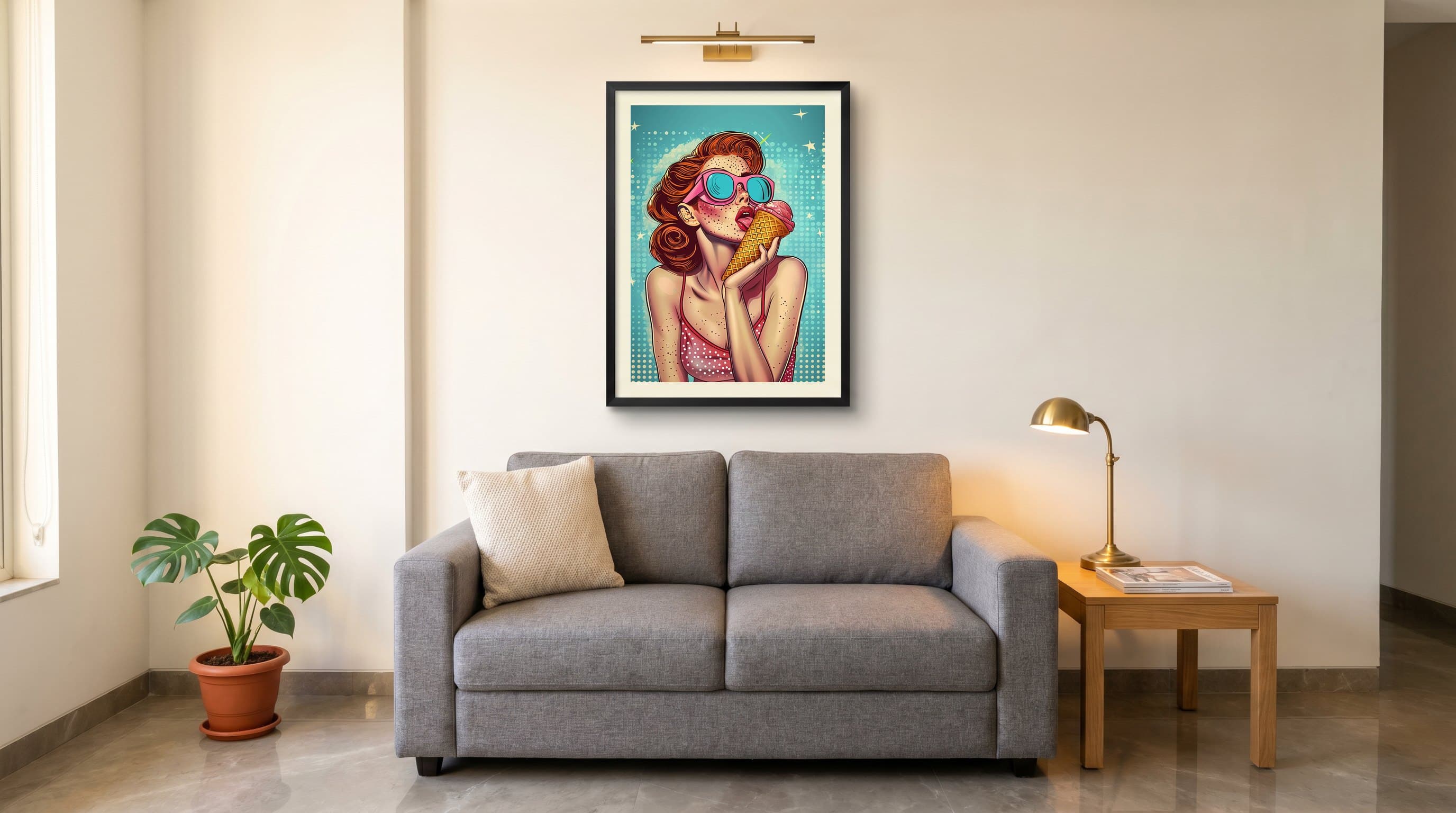 Pop Art Girl Eating Ice Cream Cone — in situ