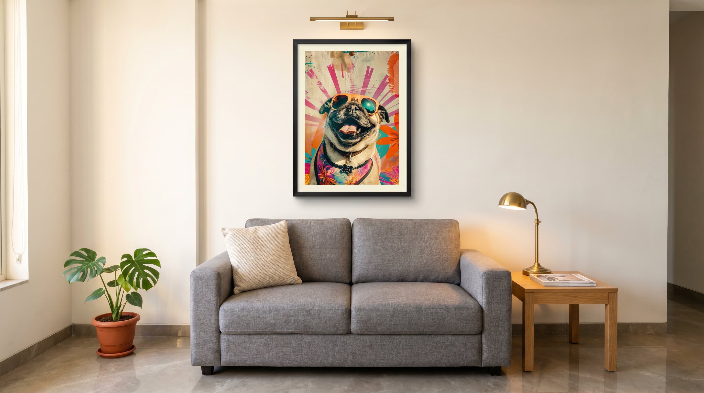 Pop Collage Pug Dog Sunglasses — in situ