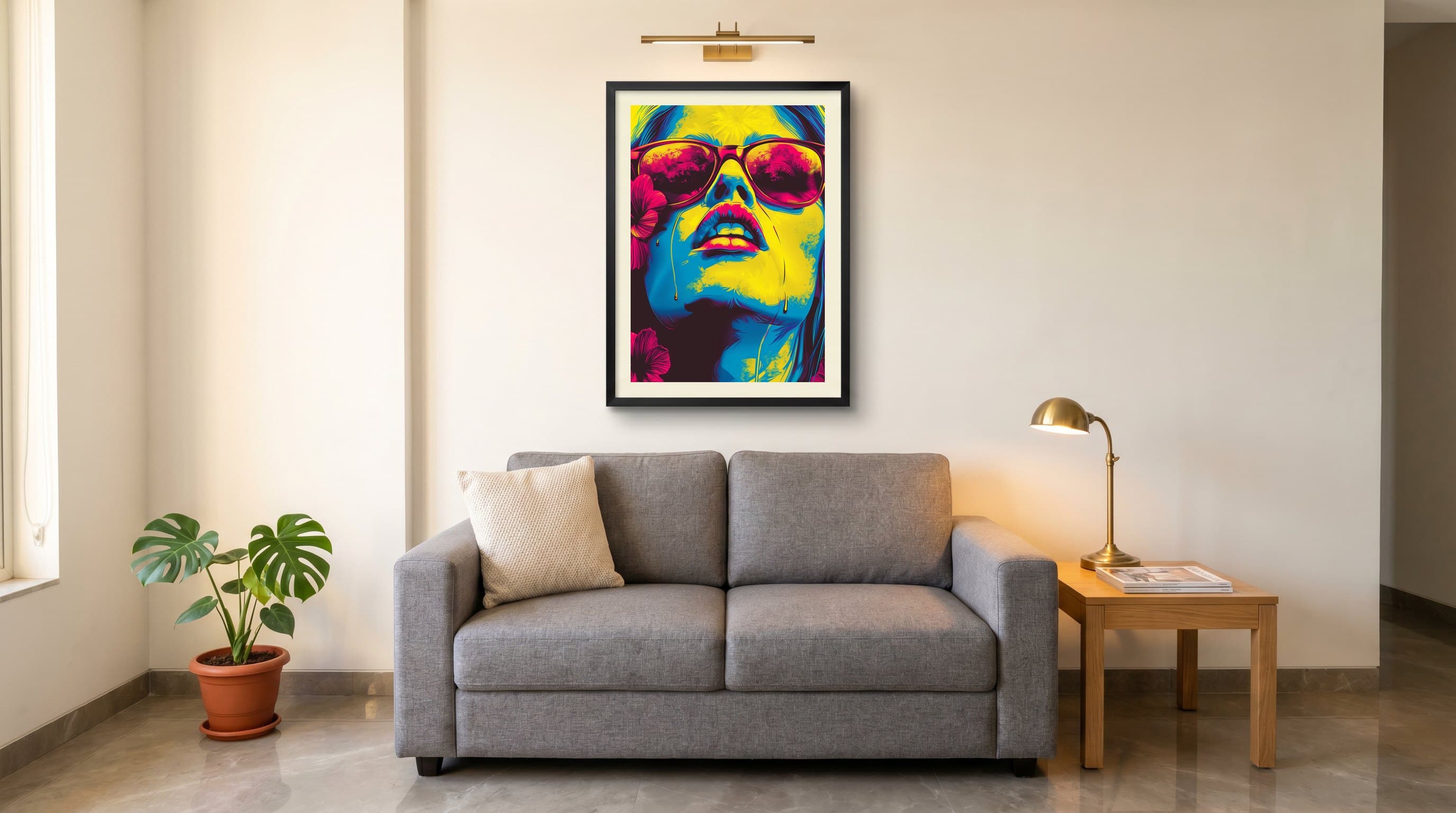 Pop Art Woman Sunglasses Cyan Yellow — in situ