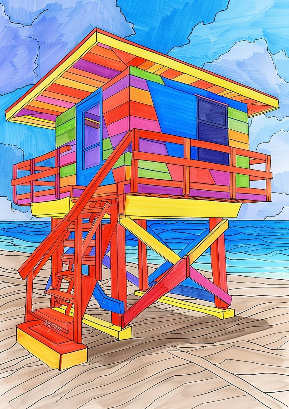 Colourful Lifeguard Tower Beach Illustration