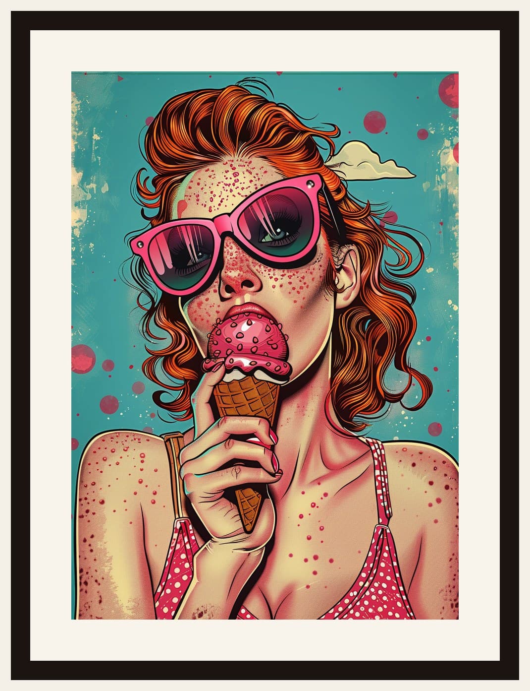 Retro Pop Art Woman Eating Ice Cream Cone