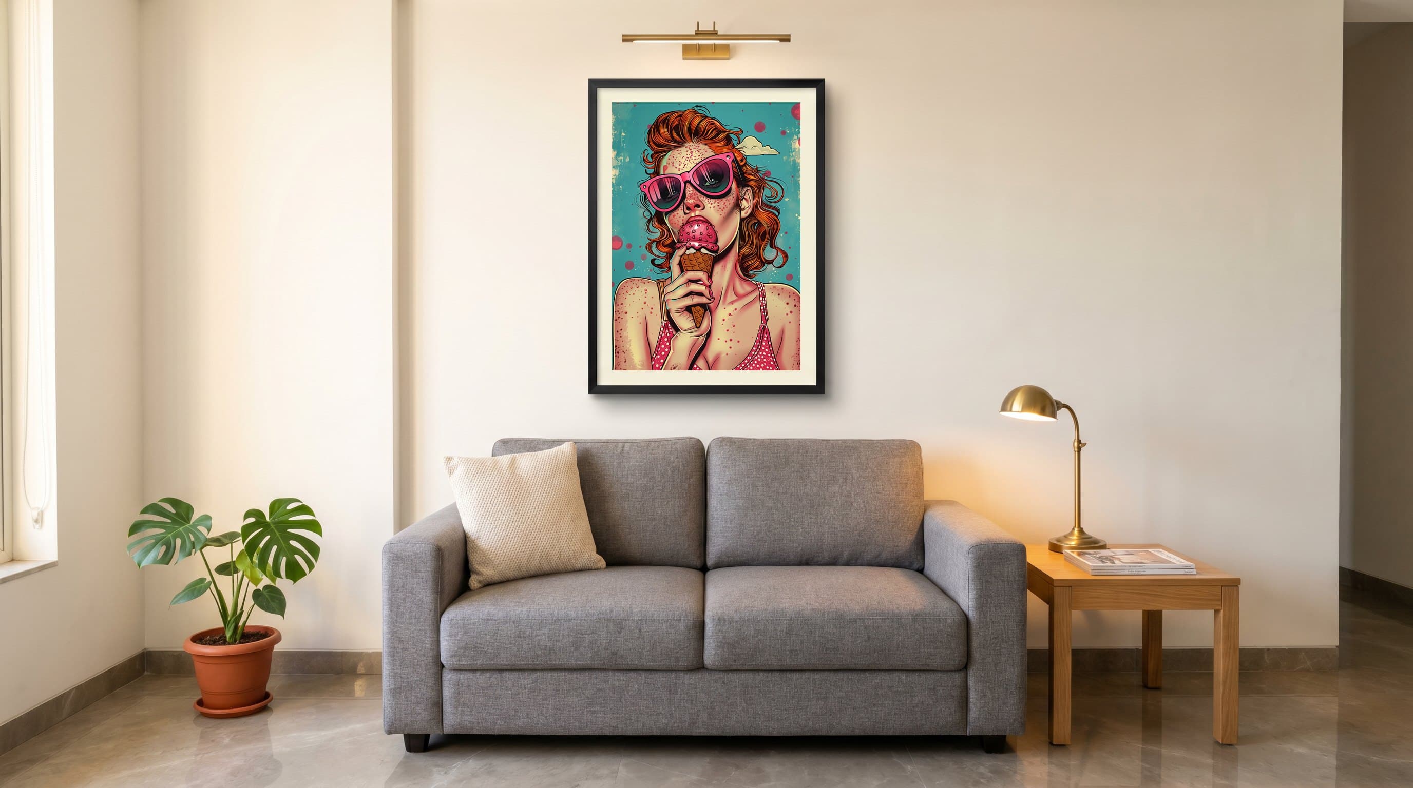 Retro Pop Art Woman Eating Ice Cream Cone — in situ