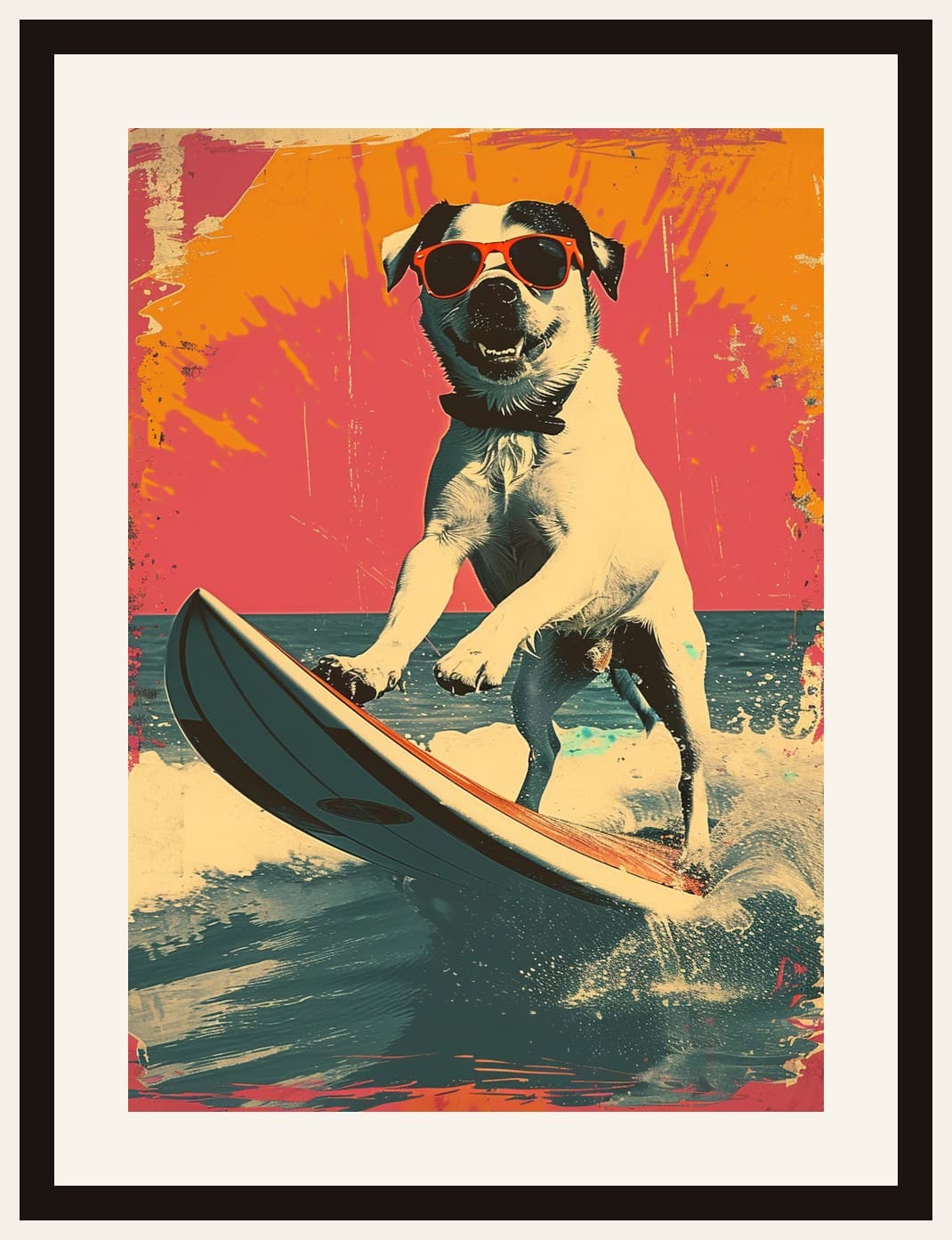 Dog Surfing Waves Retro Poster