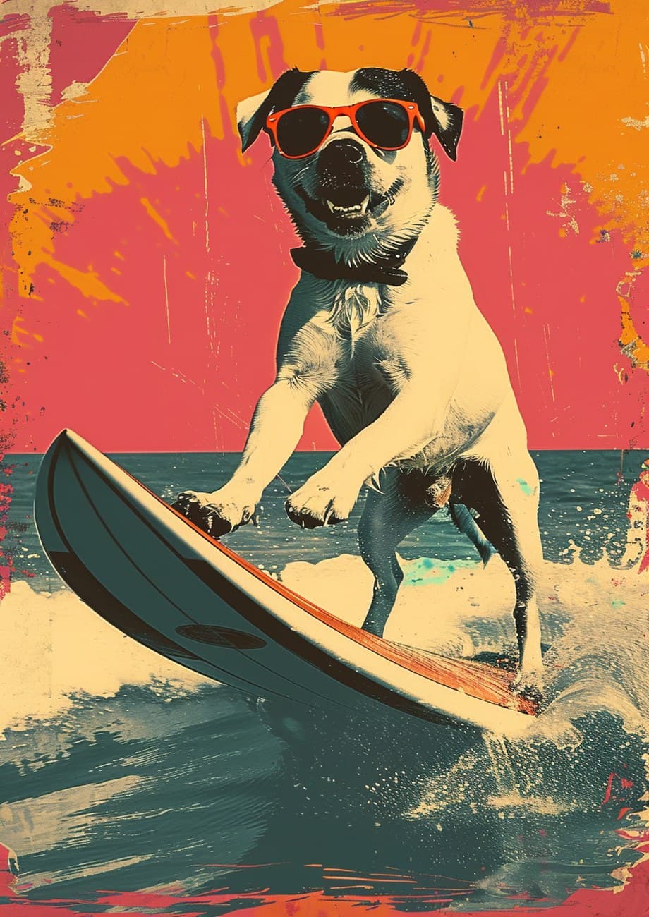 Dog Surfing Waves Retro Poster