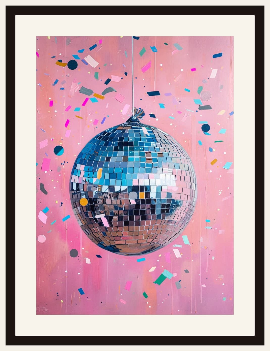 Silver Disco Ball Pink Confetti Background